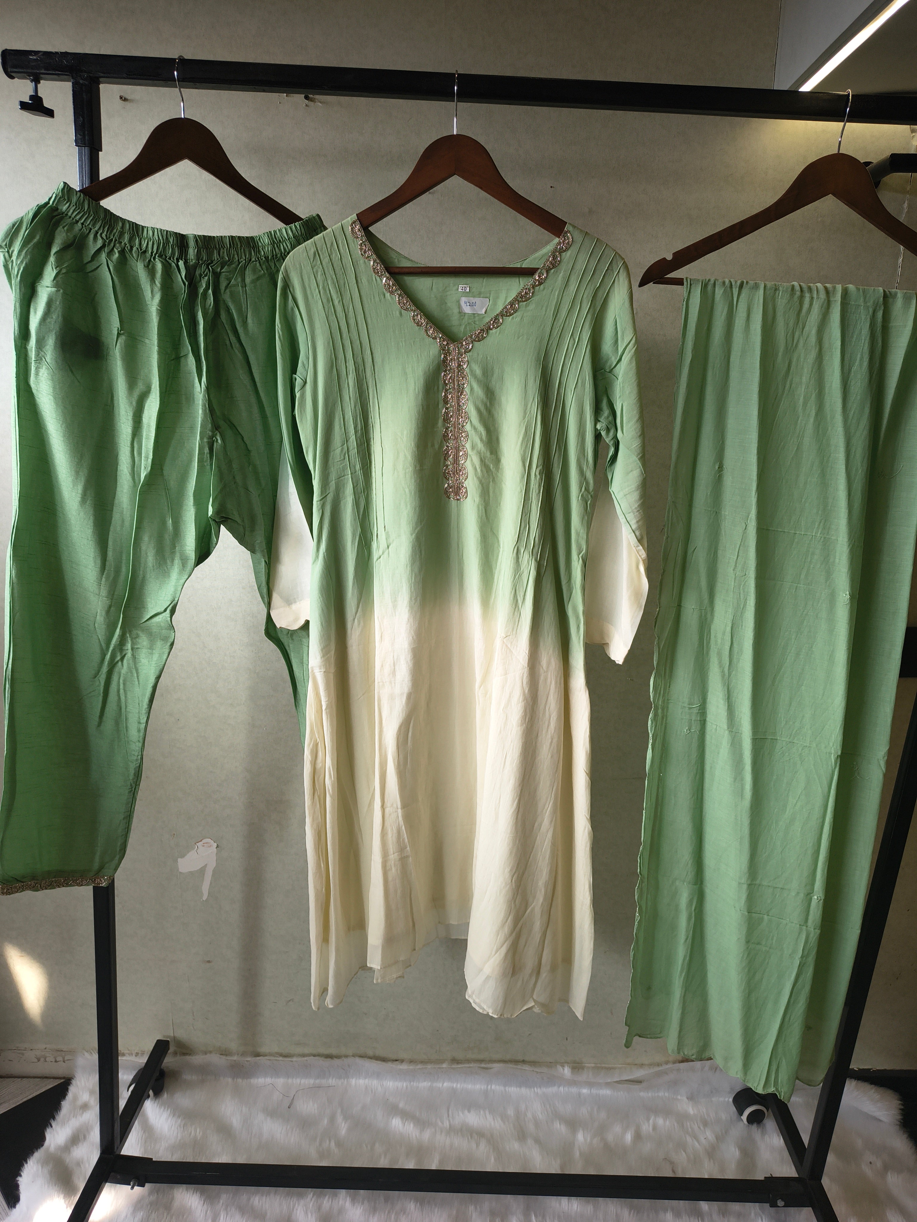 Image of Mint Green Ombre Silk Blend Kurta Set with Embellished Neckline & Matching Dupatta – Premium 3 Piece Ethnic Ensemble