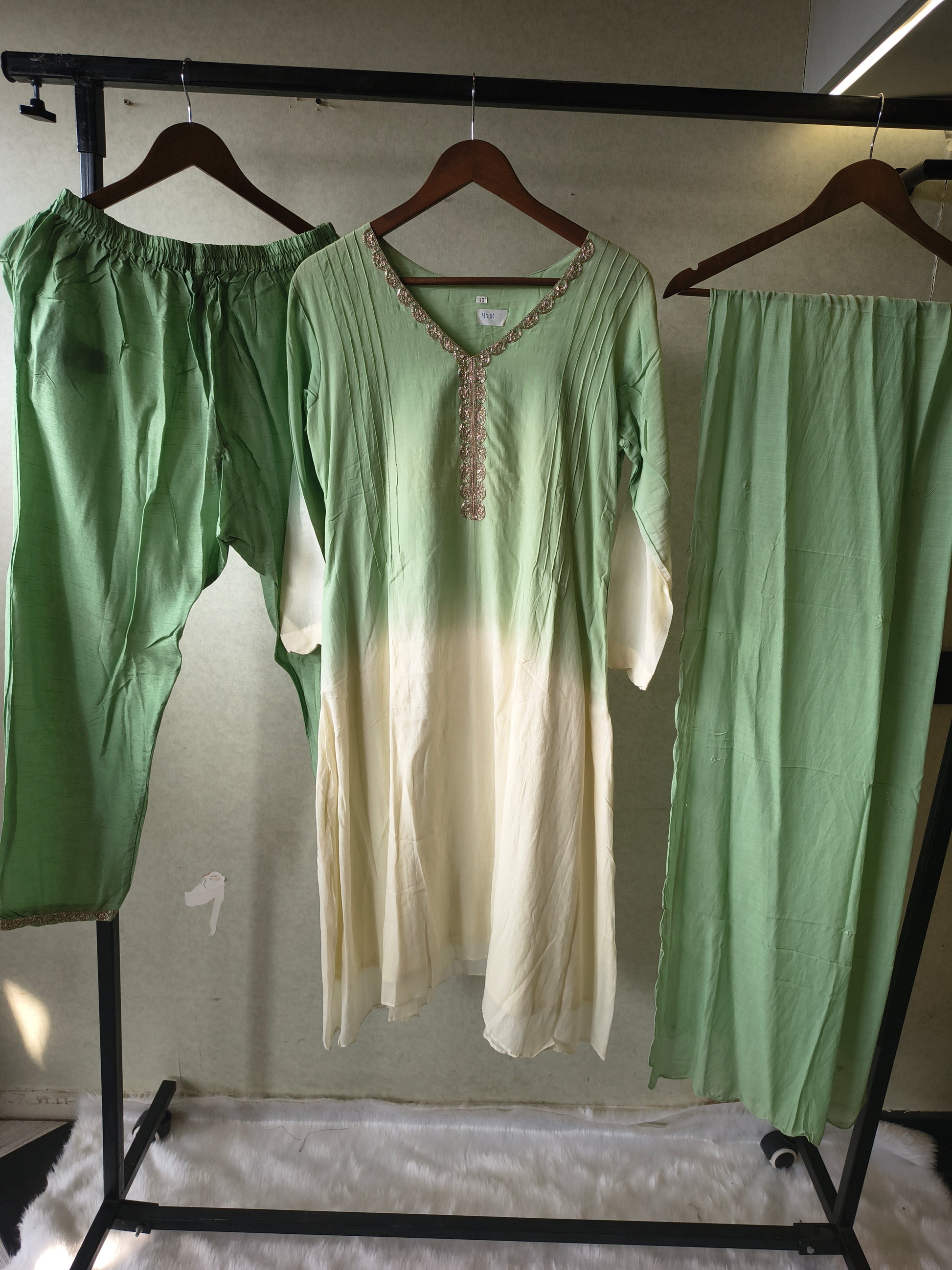 Mint Green Ombre Silk Blend Kurta Set with Embellished Neckline & Matching Dupatta – Premium 3 Piece Ethnic Ensemble