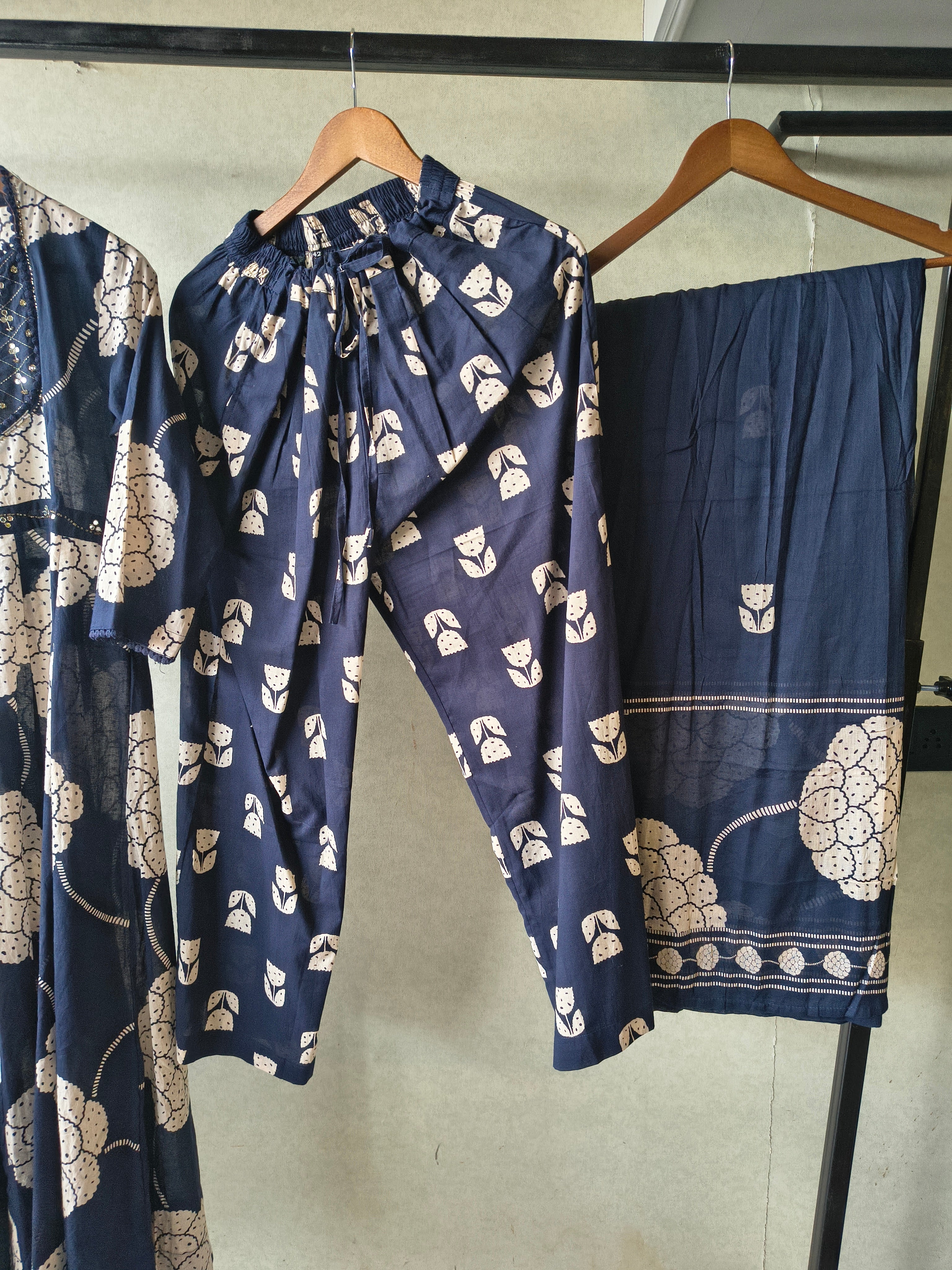 Image of Premium Navy Blue Handblock Printed Cotton Anarkali Suit Set with Printed Pants & Dupatta