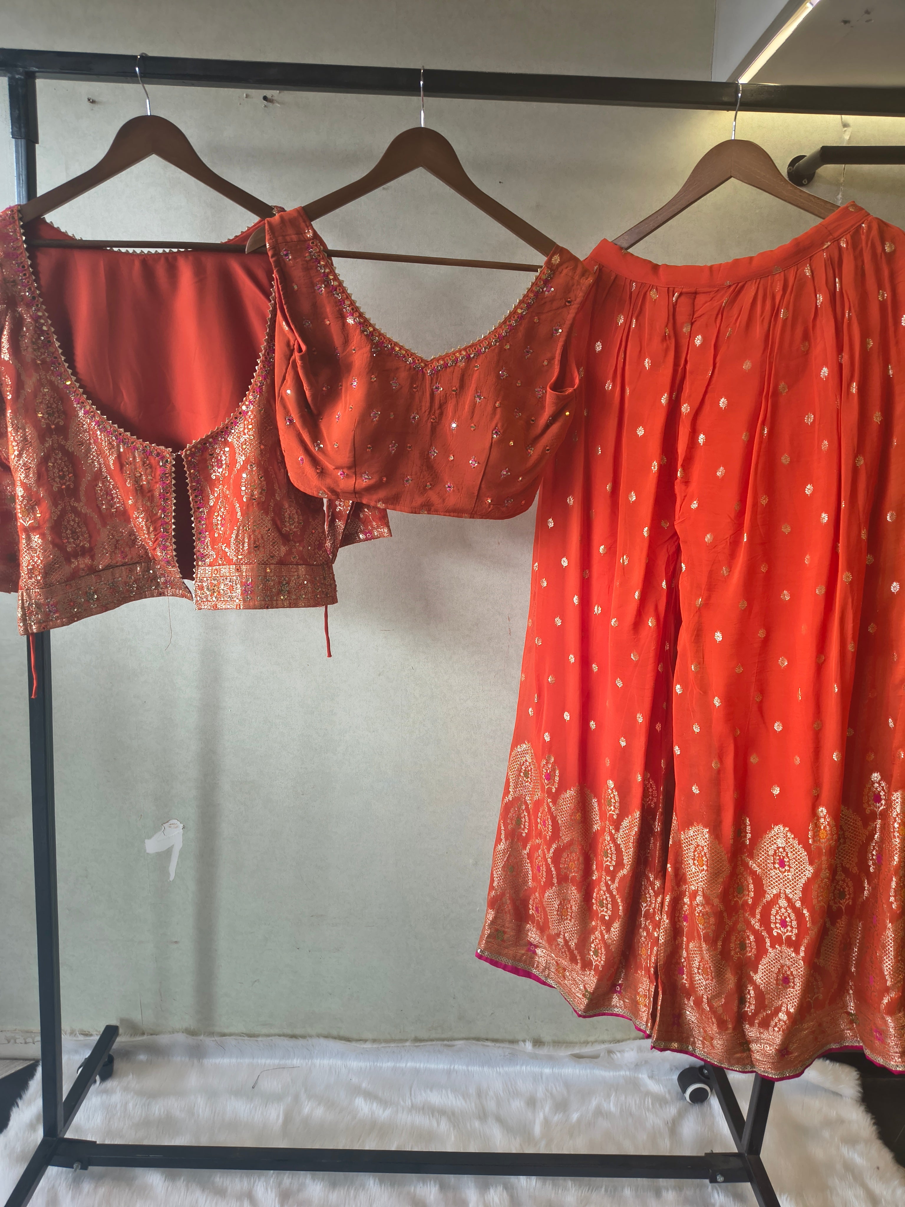 Image of Rust Orange Banarasi Embroidered Lehenga Set with Handworked Blouse & Embellished Blouse – Designer 3 Piece Festive Ensemble
