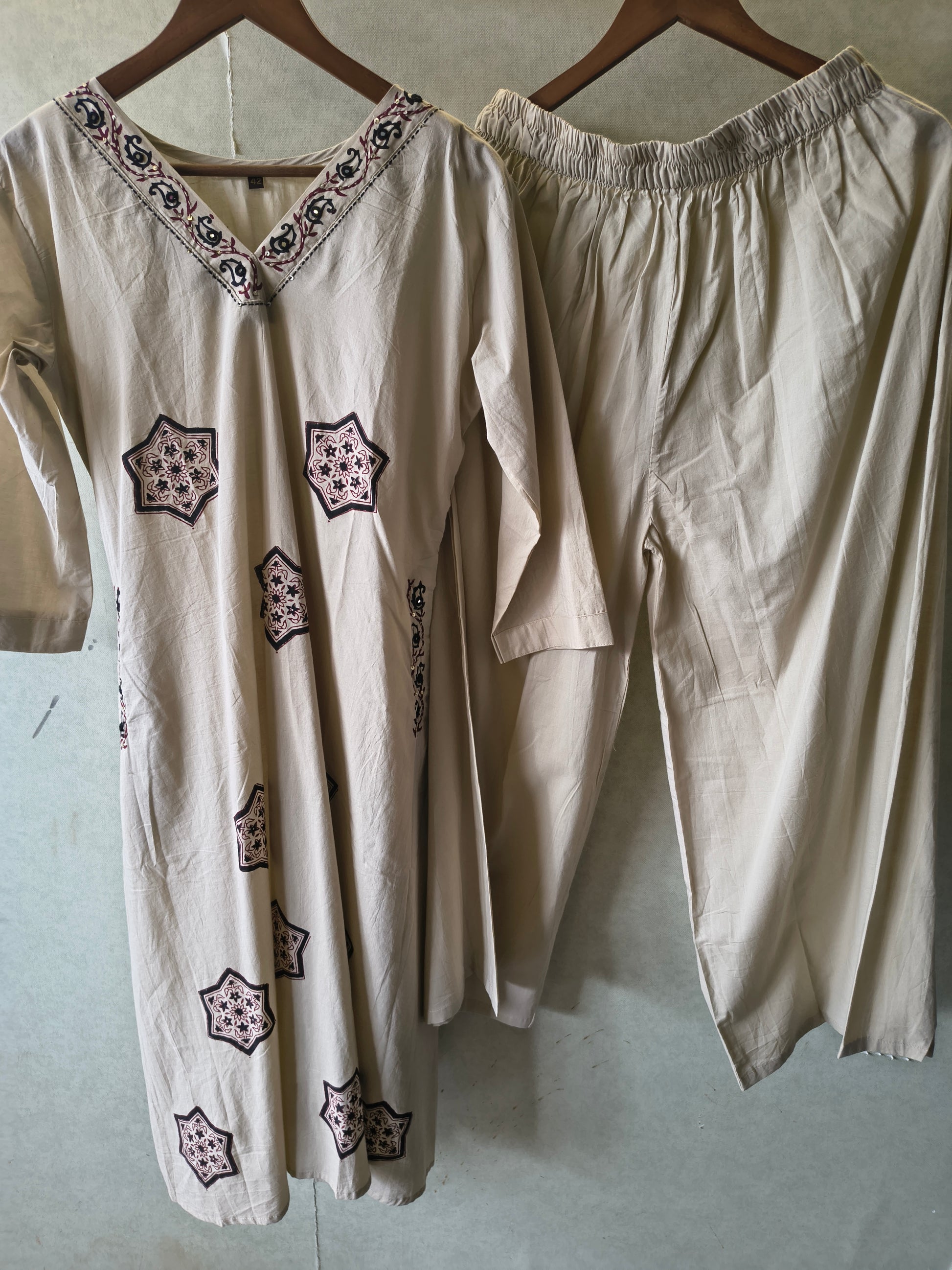 Beige Ethnic Printed Straight Kurta Pant Co-Ord Set