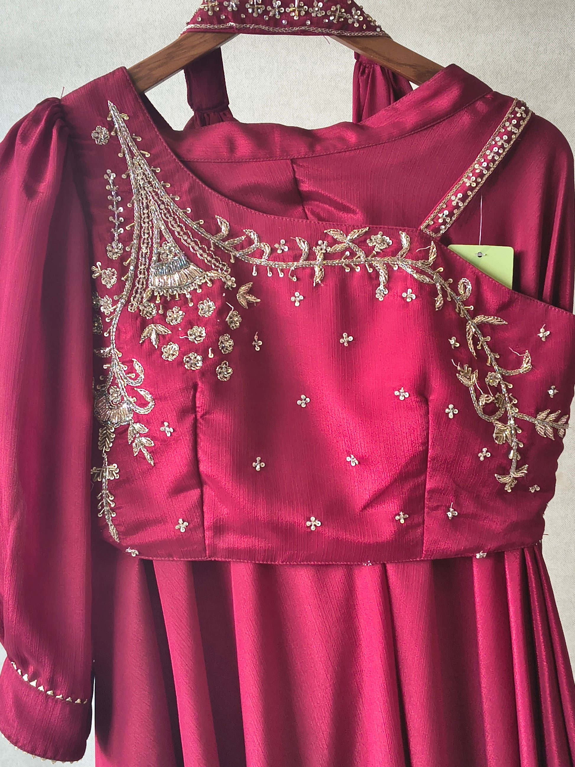 Premium Wine Satin Silk 3-Piece Lehenga Set with Hand Embroidered One-Shoulder Blouse & Dupatta