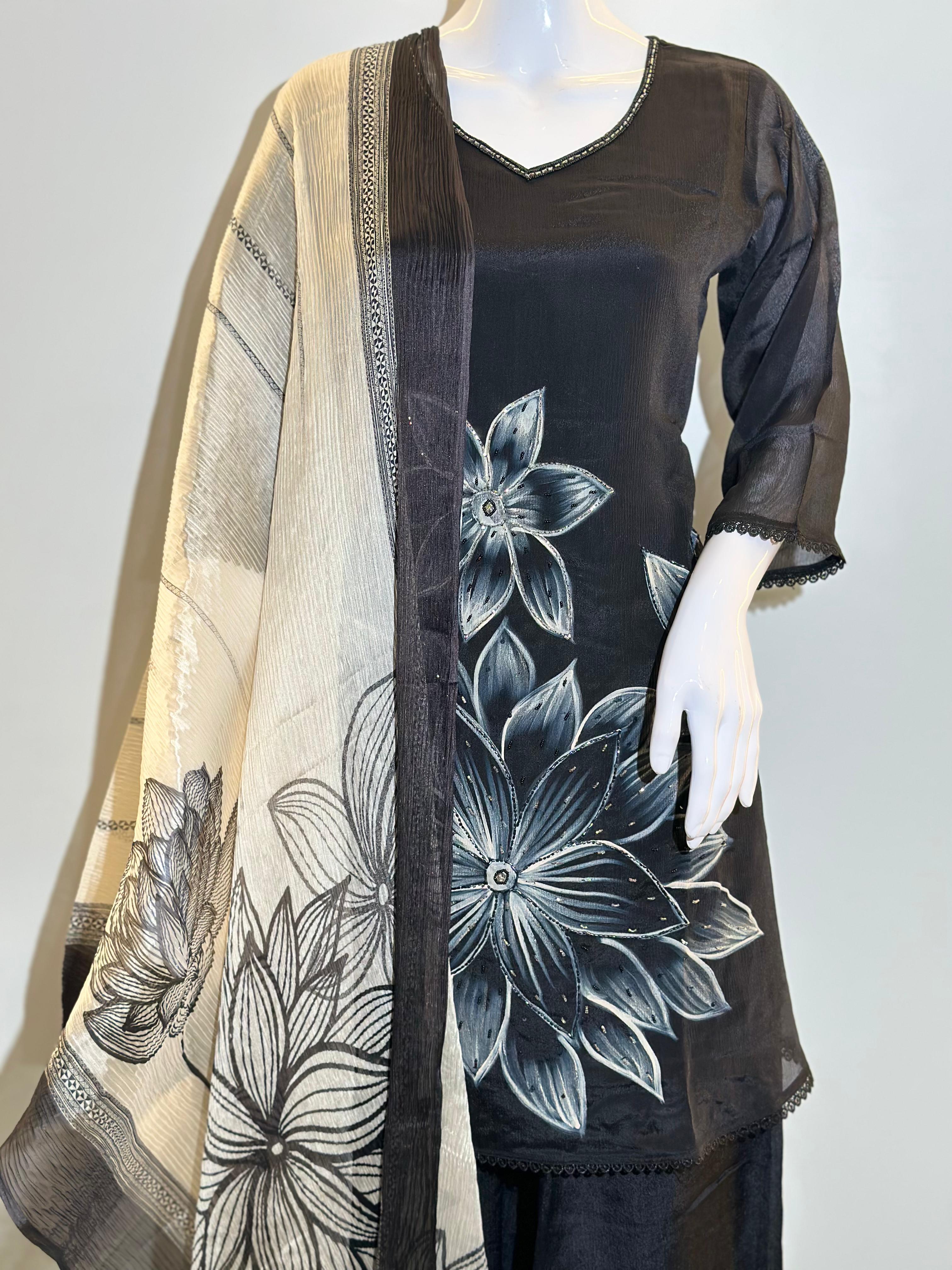 Image of Pastel Pure Silk 3 Piece Kurti Set with Hand work
