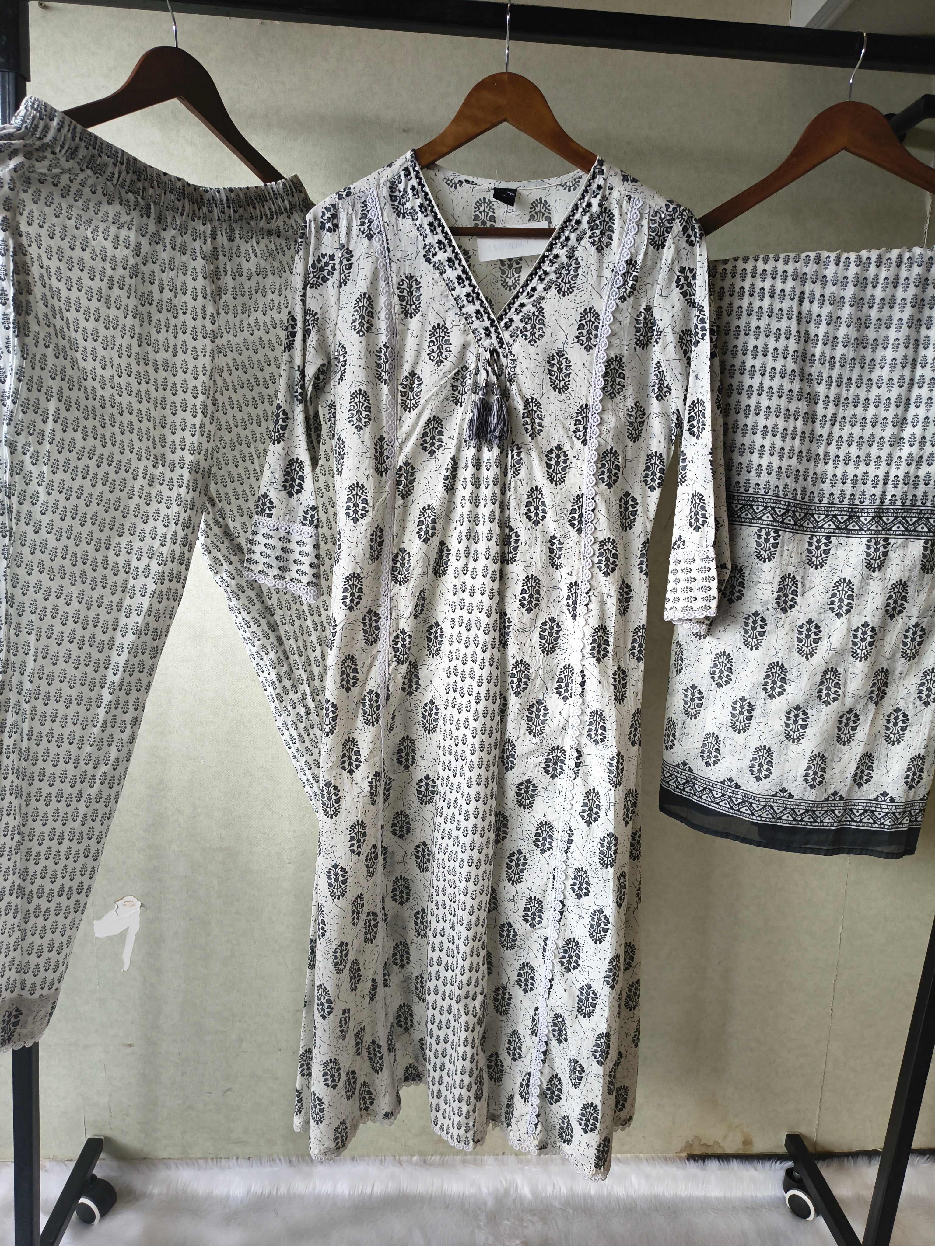 Image of Premium Black & White Hand Block Printed Cotton Anarkali Kurta Set with Printed Pants & Dupatta