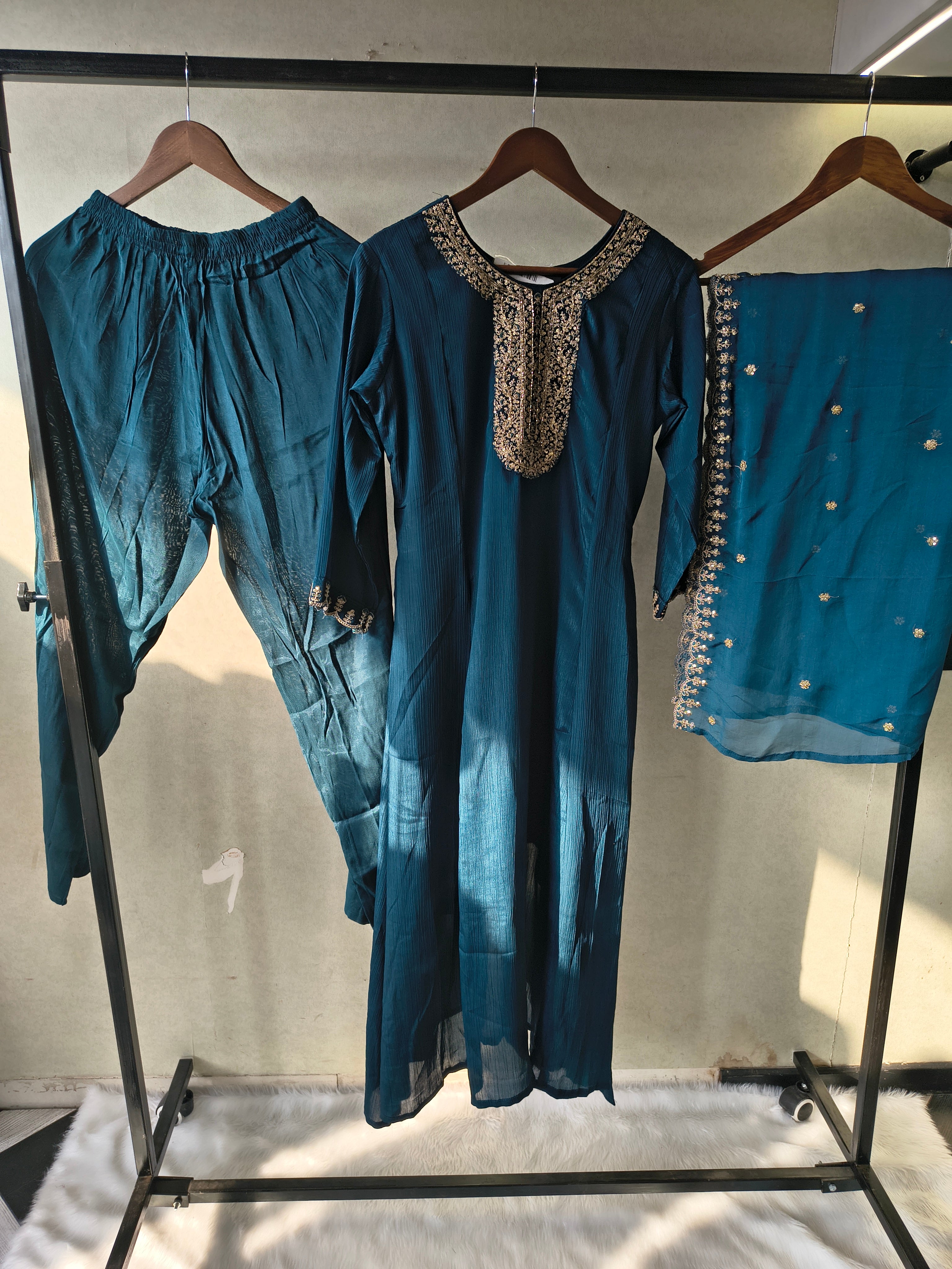 Image of Premium Teal Blue Embroidered Straight Kurta with Salwar Pants & Embellished Dupatta Set