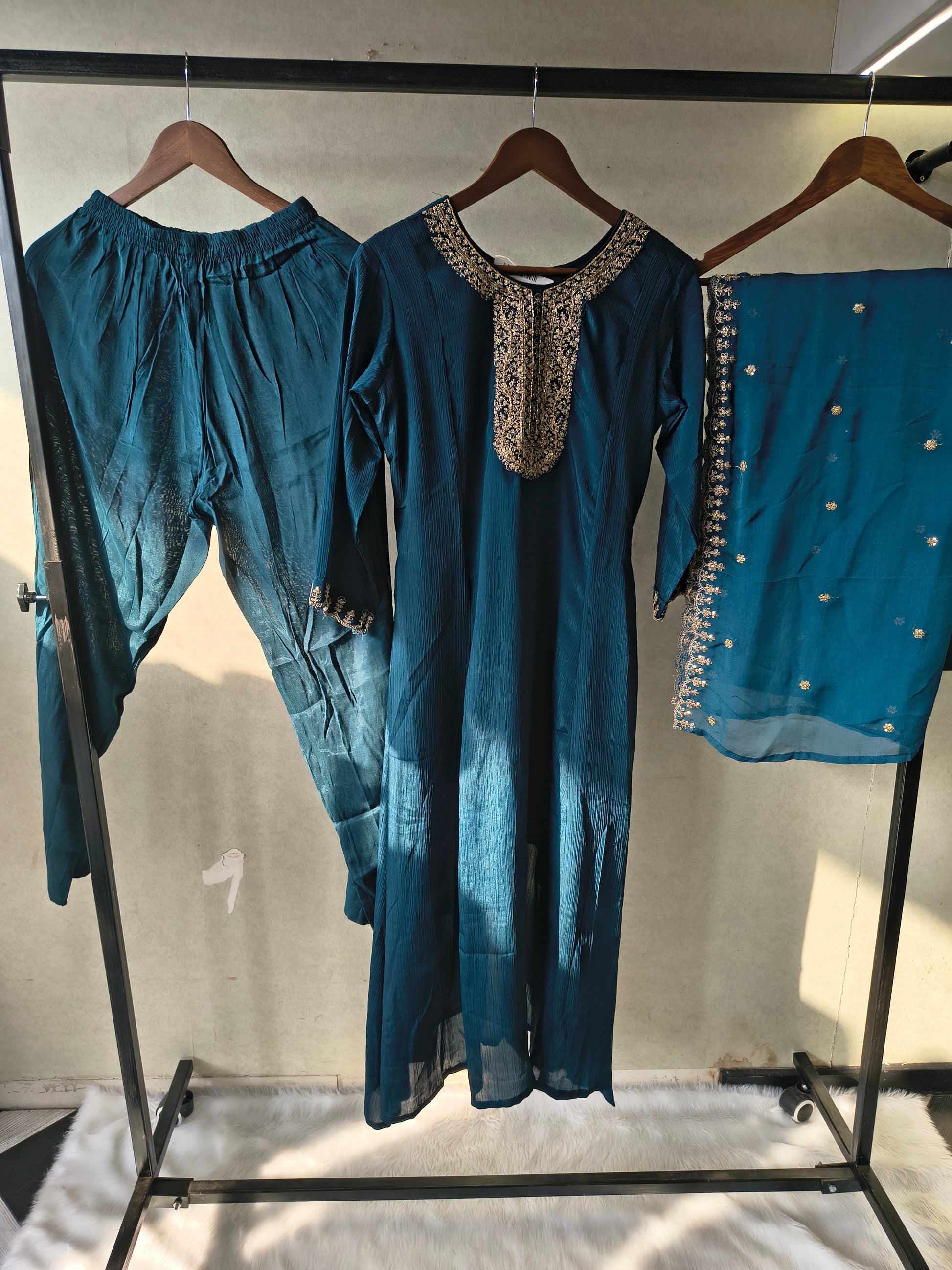 Premium Teal Blue Embroidered Straight Kurta with Salwar Pants & Embellished Dupatta Set