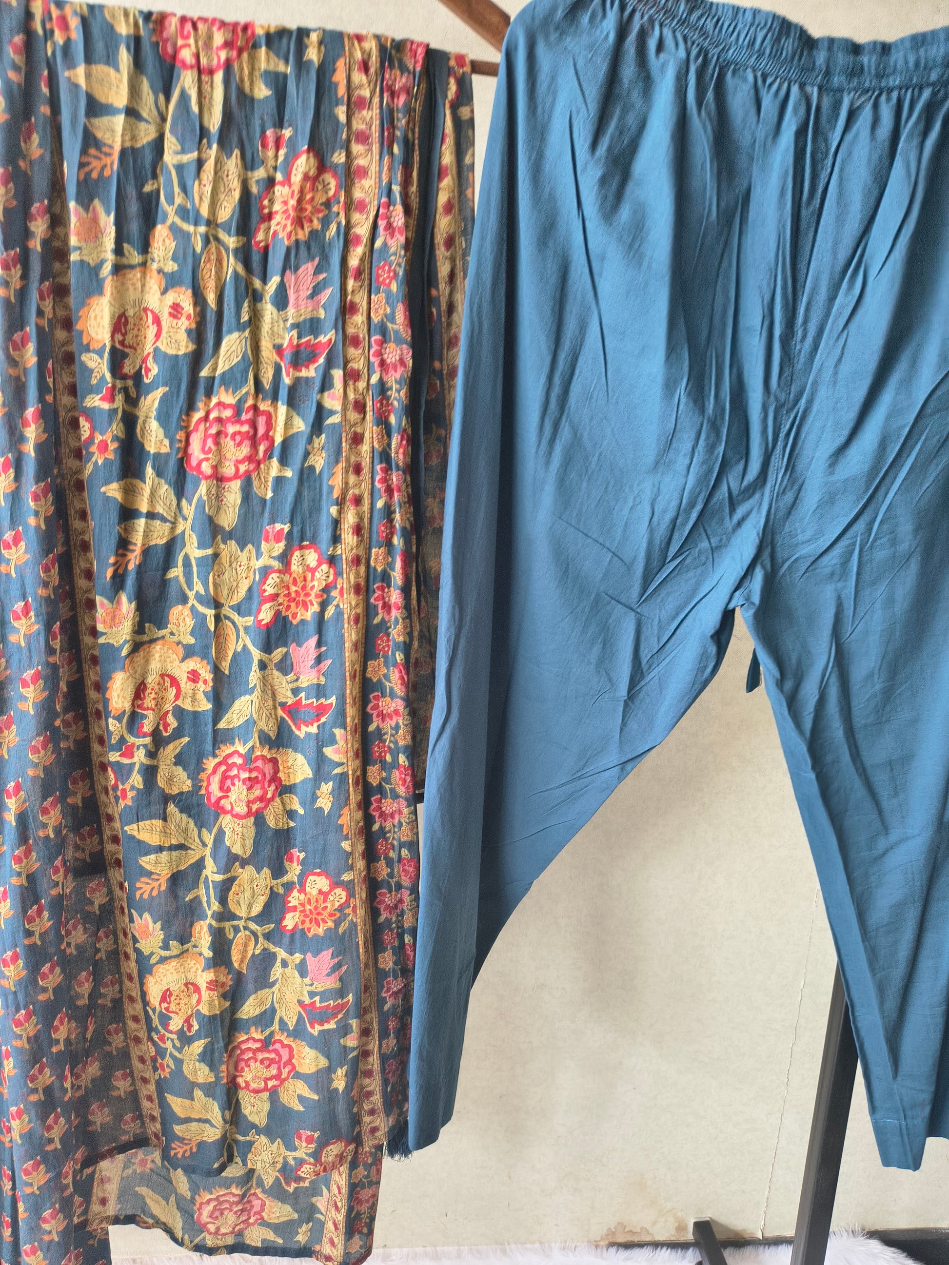 Premium Teal Blue Floral Printed Anarkali Kurta Set with Embroidered V-Neck, Solid Pants & Designer Printed Dupatta