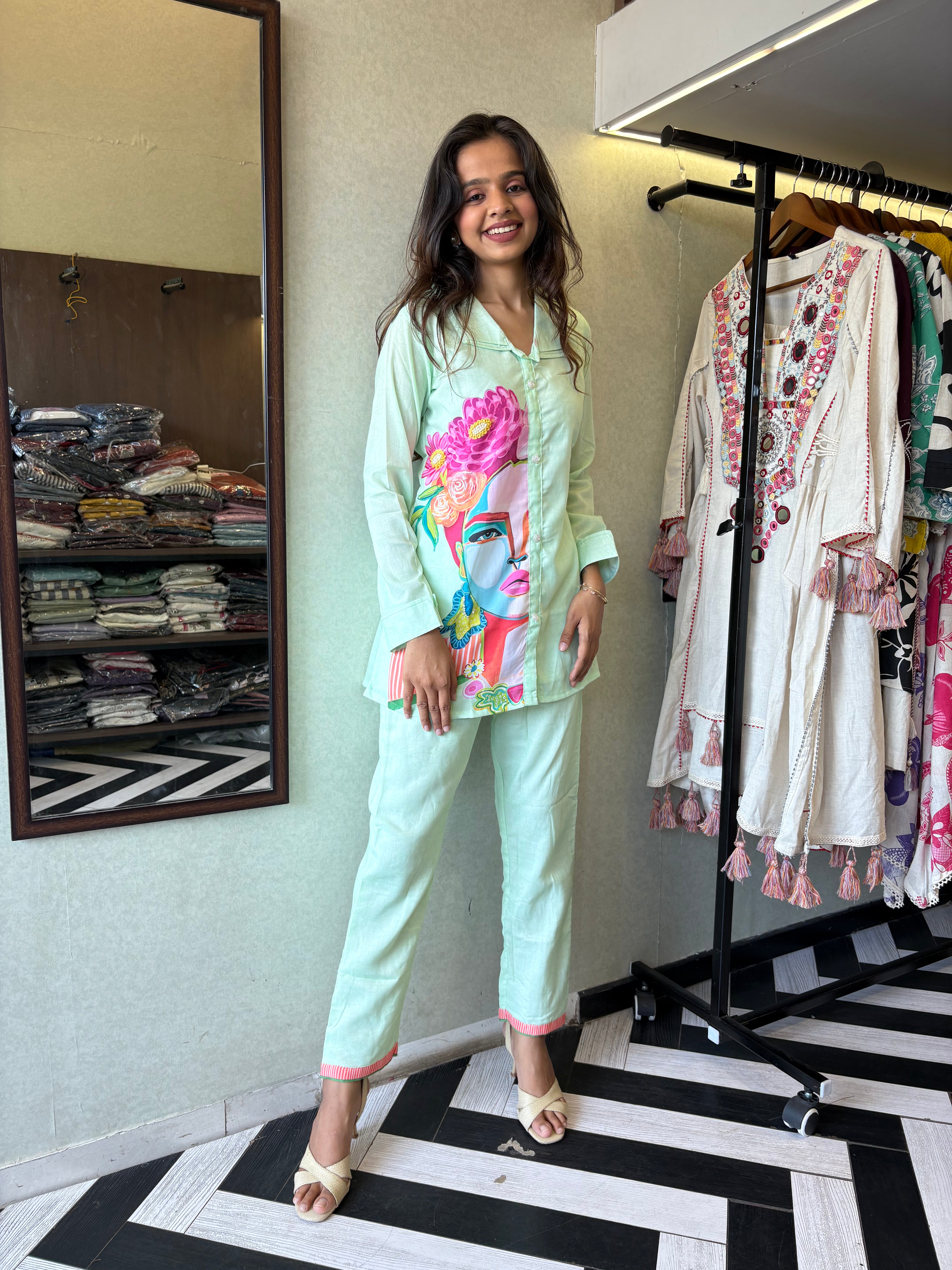 Pure cotton 2-piece coord set in soothing pista color - designed with elegant prints and made for all-day comfort.