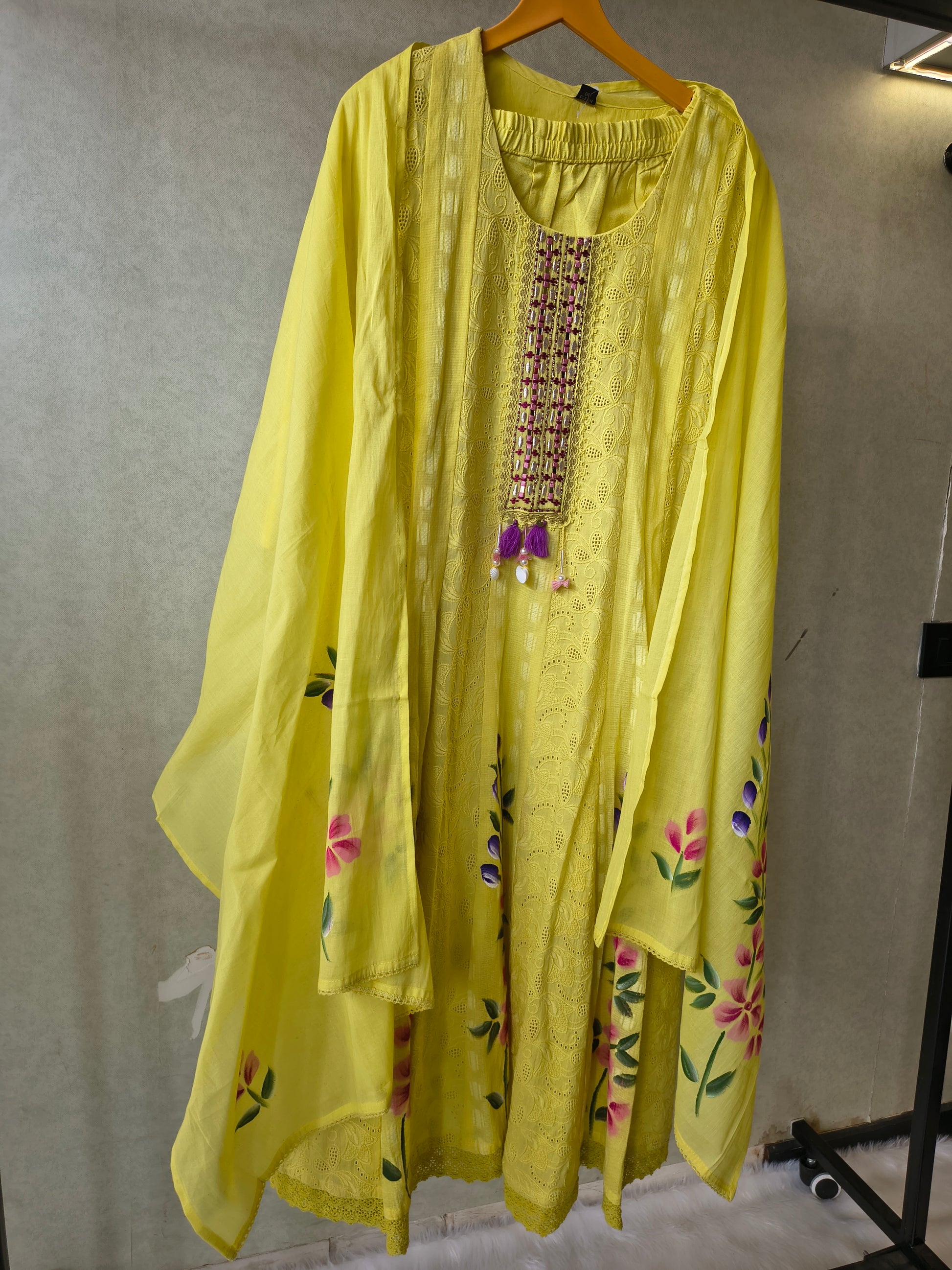 Premium Sunshine Yellow Schiffli Embroidered Kurta Set with Floral Handwork & Dupatta