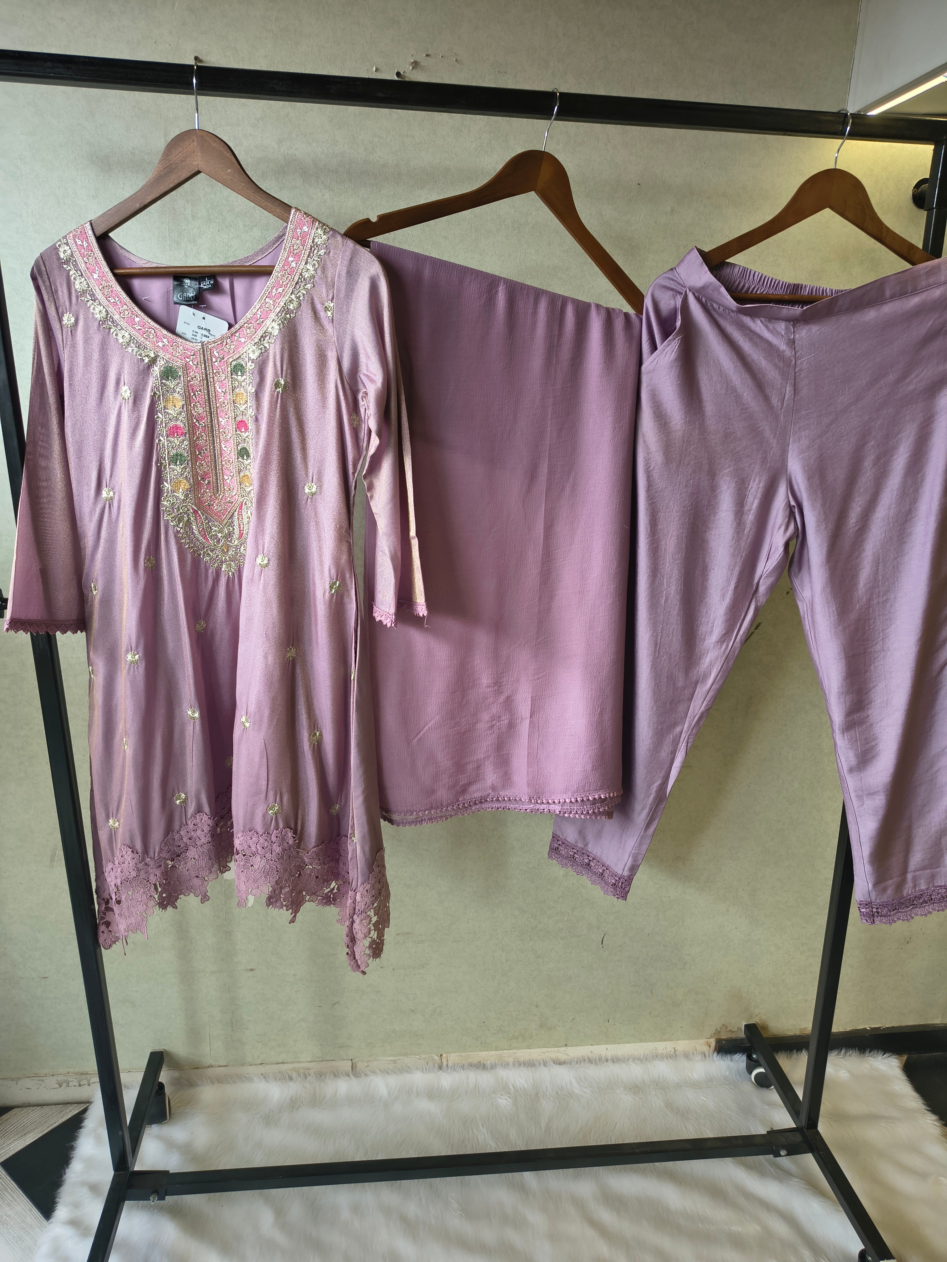 Image of Premium Dusty Lilac Embroidered Kurta Set with Lace Hem & Dupatta