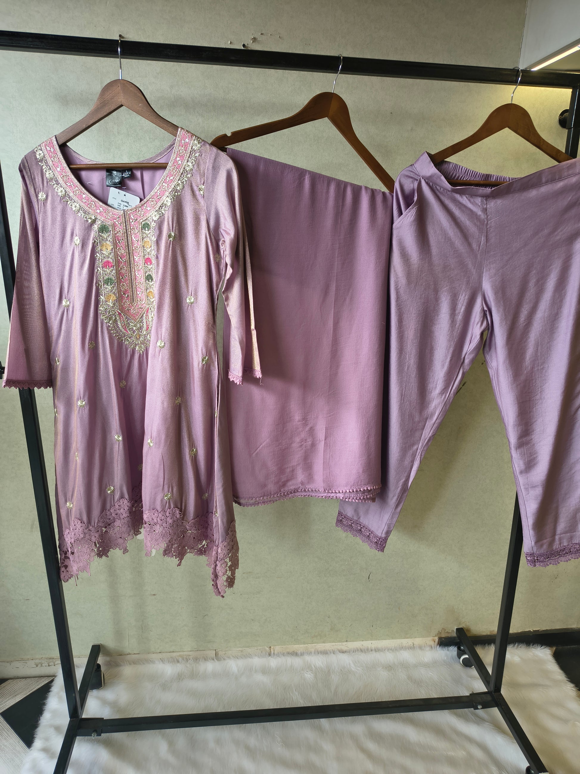 Premium Dusty Lilac Embroidered Kurta Set with Lace Hem & Dupatta