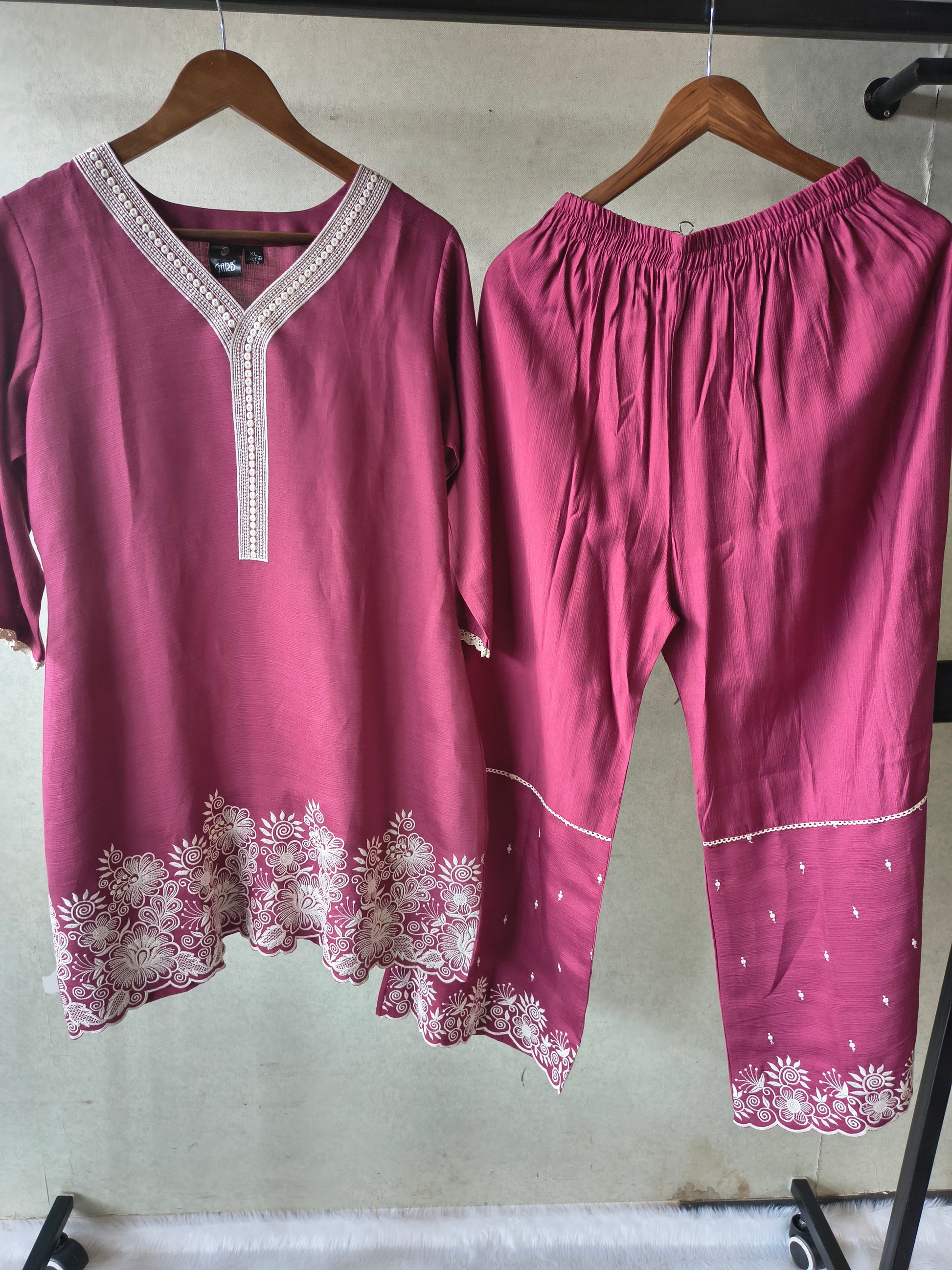 Premium Wine Pink Embroidered Kurta Set with Matching Embroidered Palazzo & Dupatta