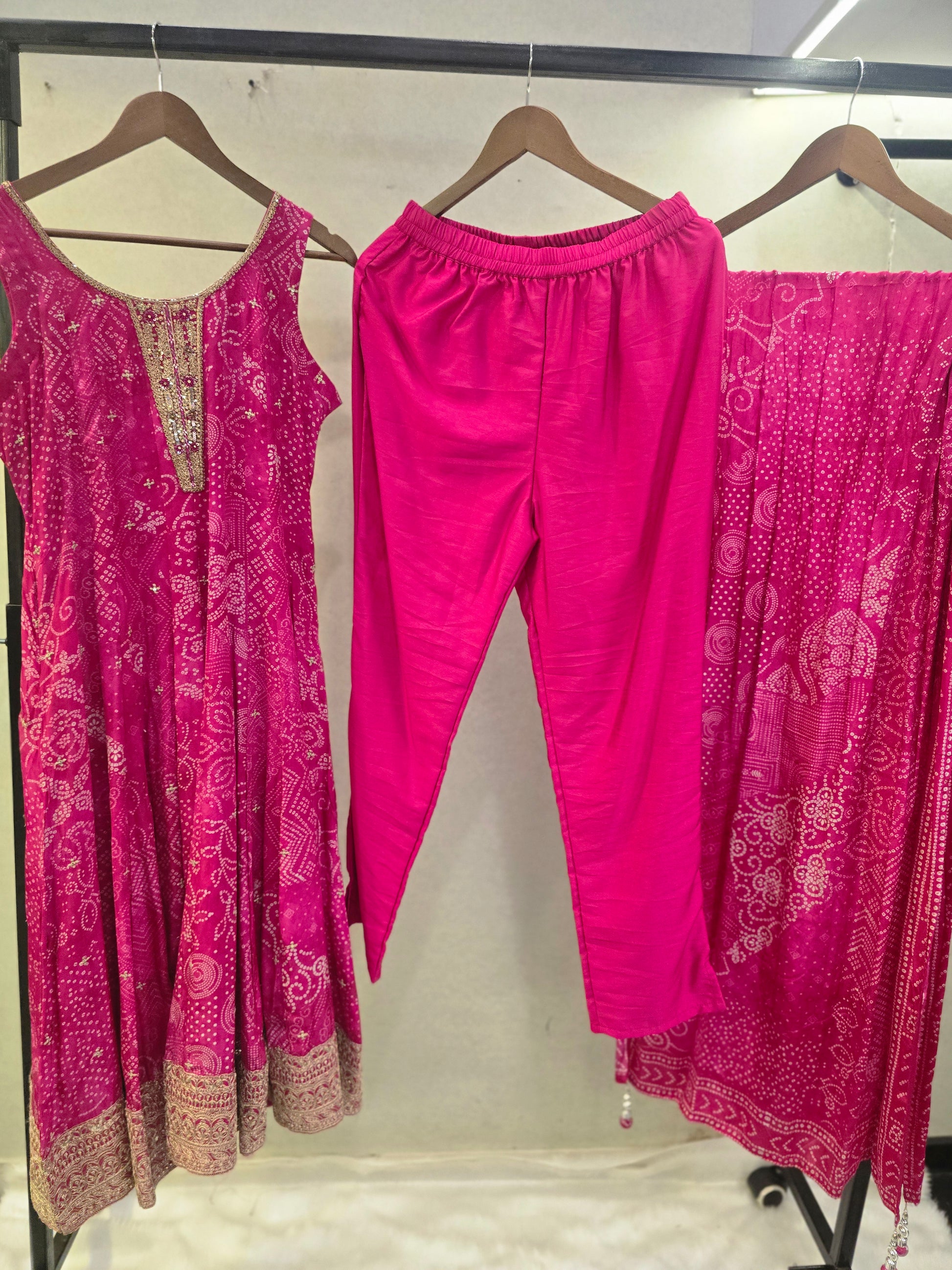 Rani Pink Bandhani Print Sleeveless Anarkali Kurta Set with Printed Dupatta | Premium 3 Piece Ethnic Suit