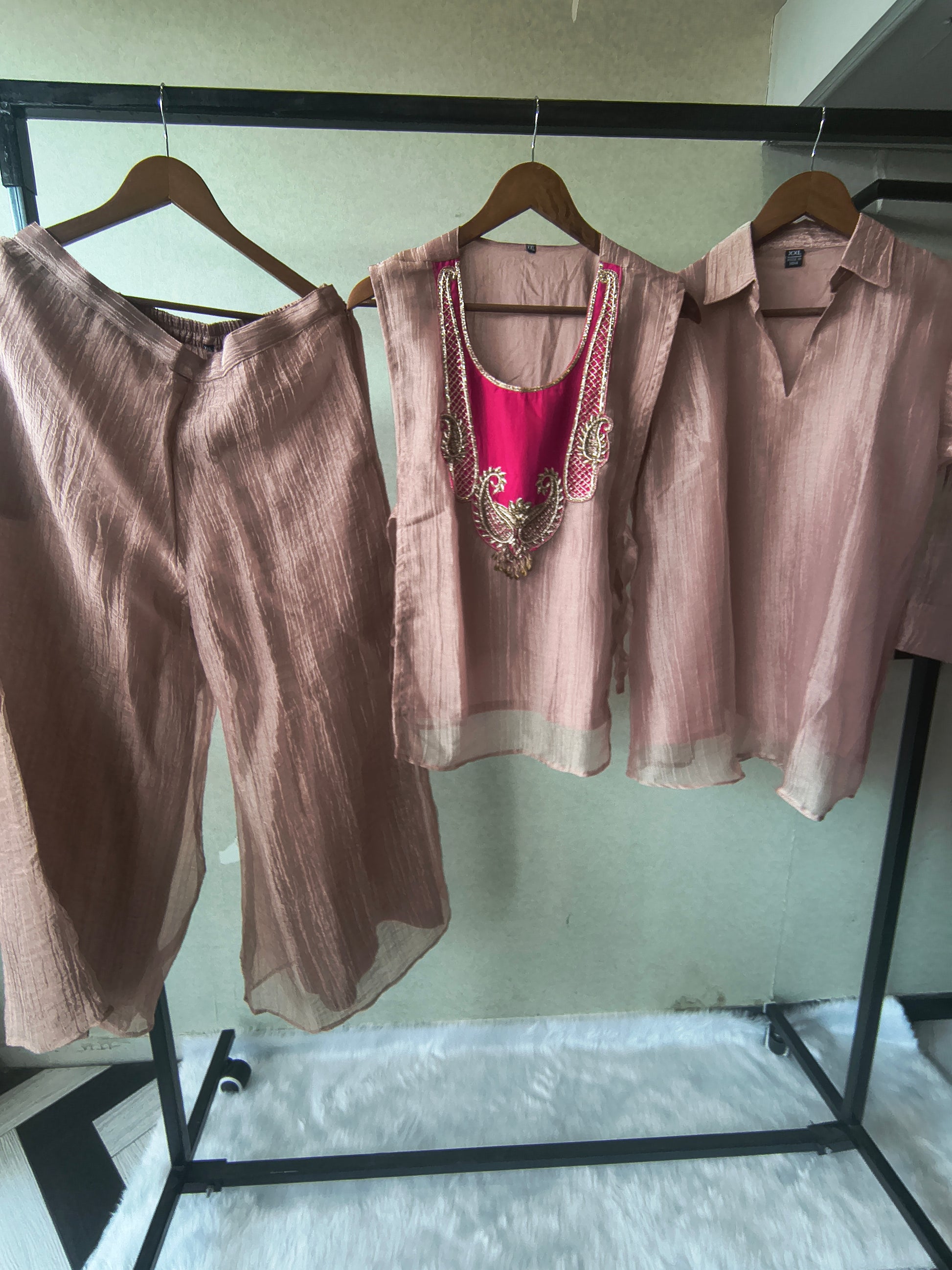 Premium Rose Gold Tissue Silk 3-Piece Co-Ord Set with Hand Embellished Jacket, Inner & Palazzo