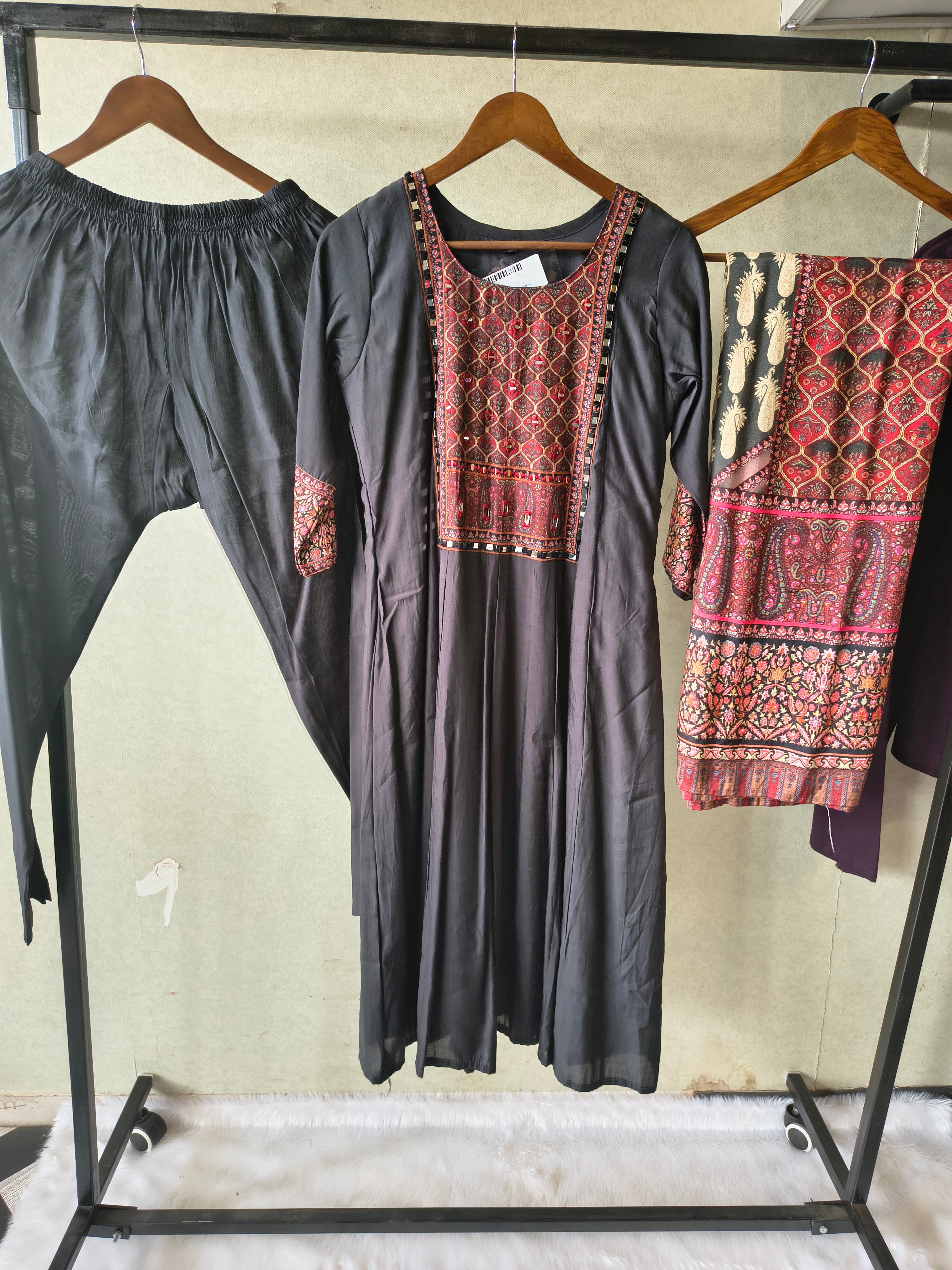 Image of Premium Black Printed Anarkali Kurta Set with Ethnic Yoke, Solid Pants & Designer Dupatta