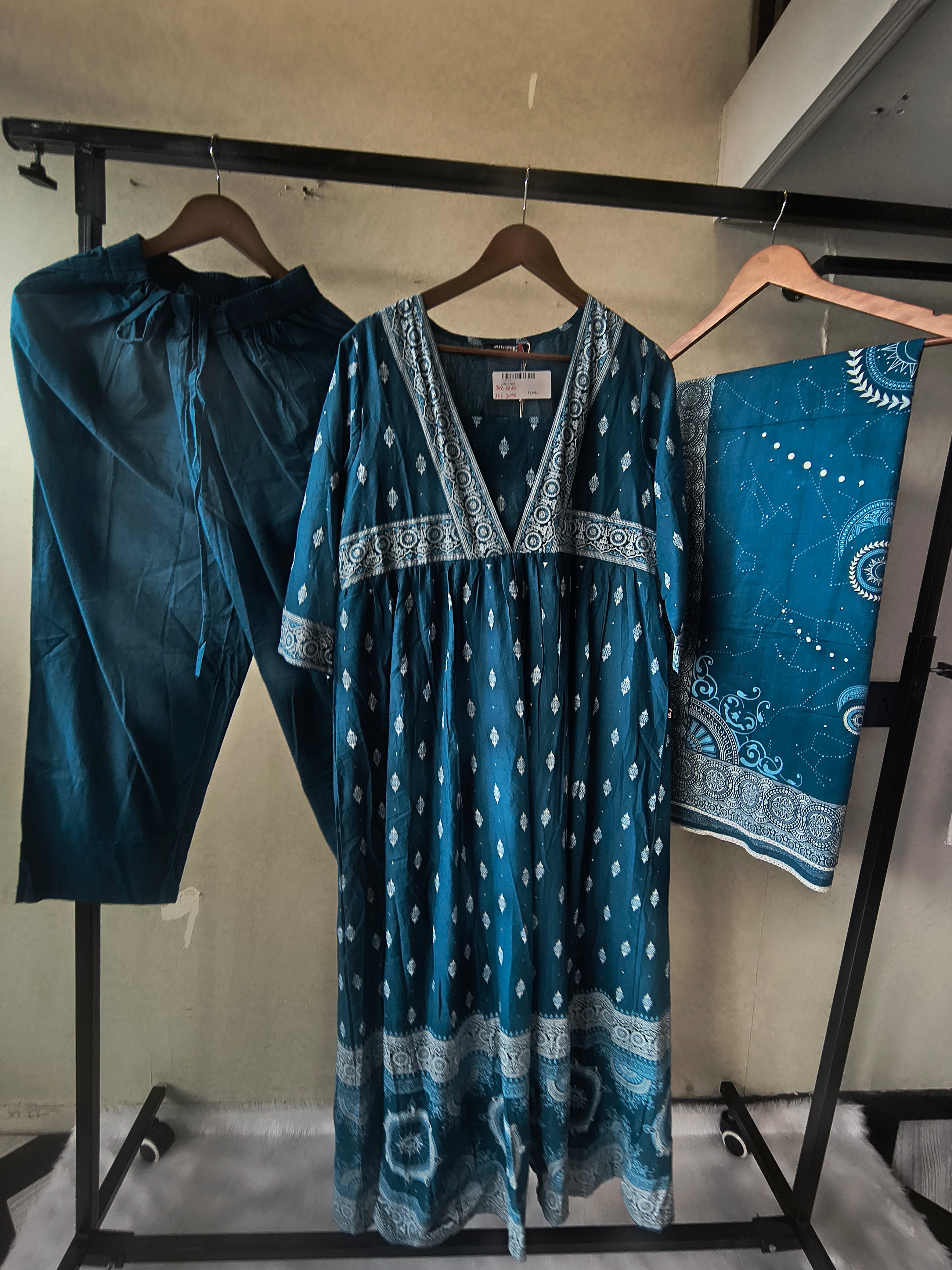 Image of Juniper Premium Teal Blue Printed Cotton Kurta Set with Solid Pants & Printed Dupatta