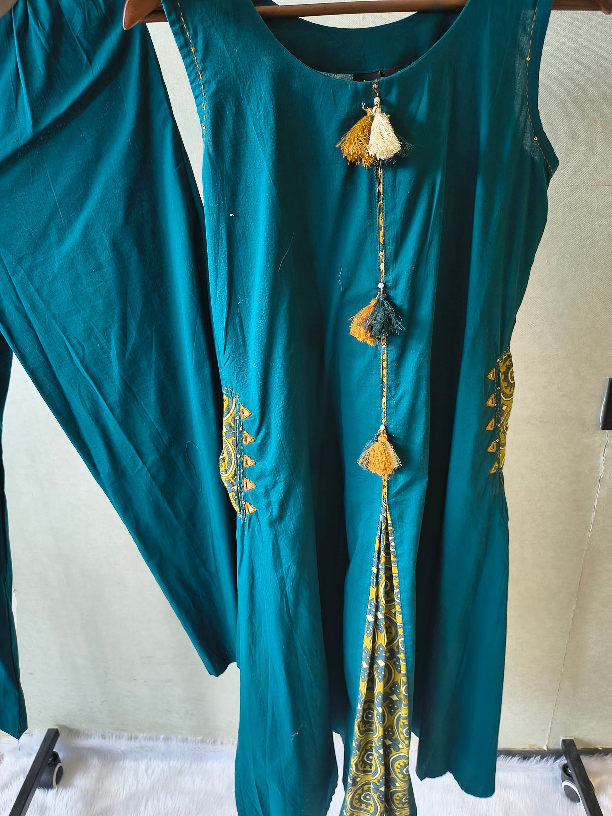 Teal Sleeveless A-Line Kurta Set with Printed Panel & Straight Pants