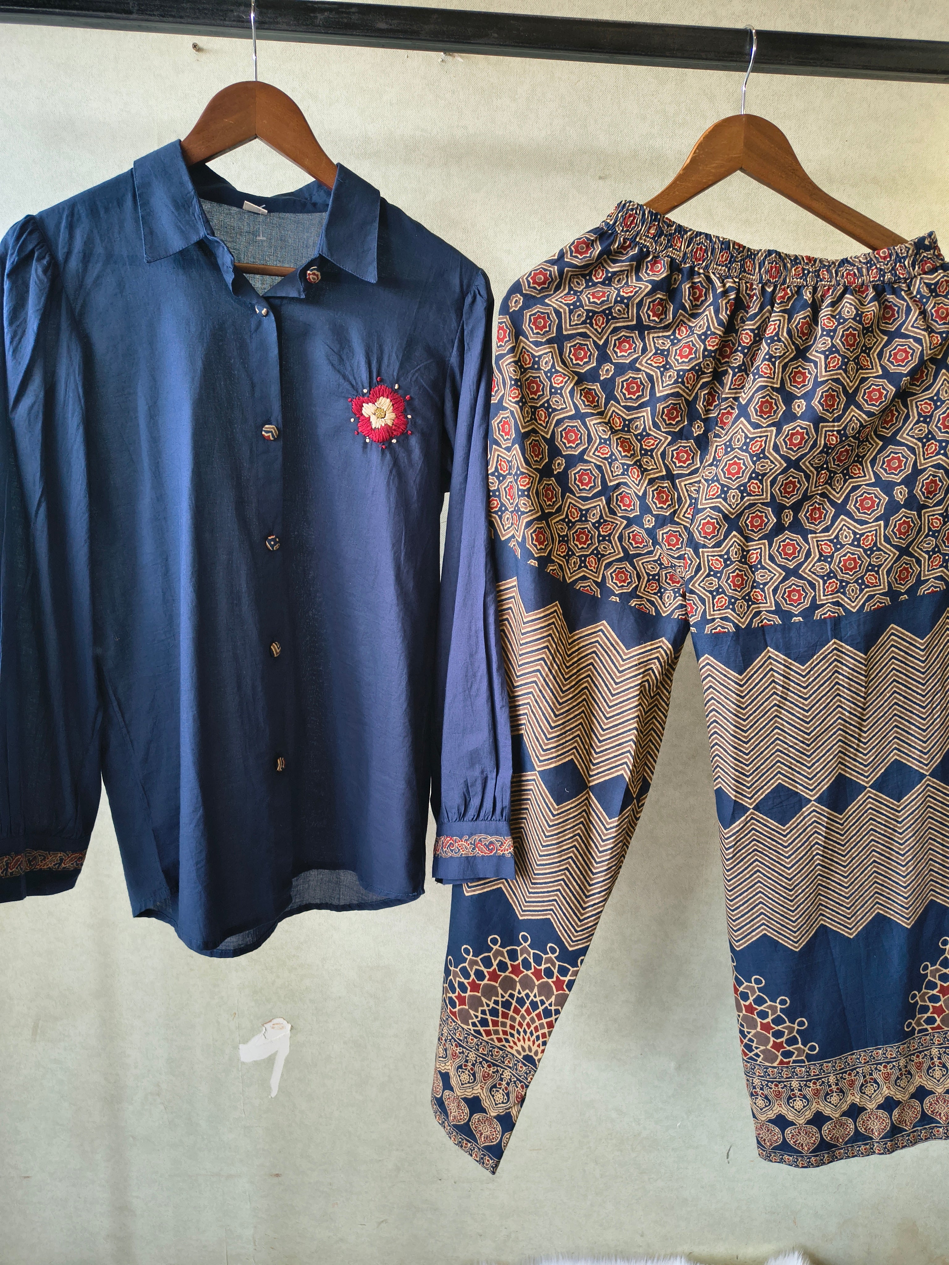 Image of Navy Blue Designer Shirt Co-Ord Set with Statement Printed Palazzo Pants