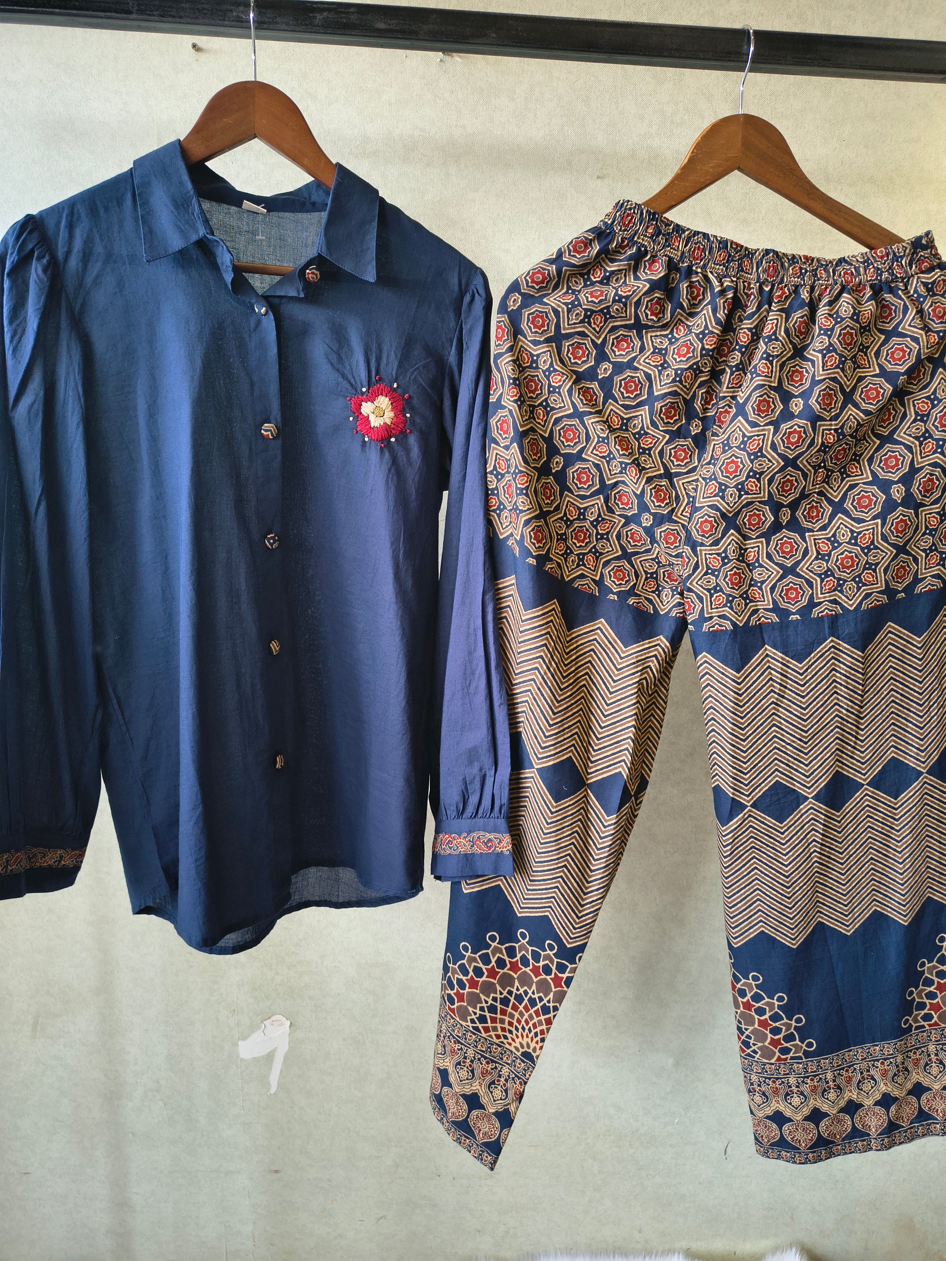 Navy Blue Designer Shirt Co-Ord Set with Statement Printed Palazzo Pants