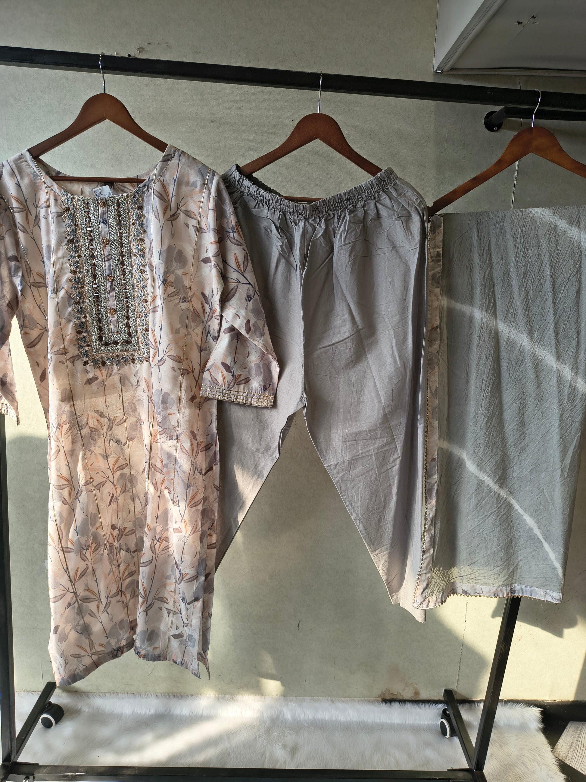 Premium Pastel Floral Printed Kurta Set with Embellished Yoke & Chiffon Dupatta