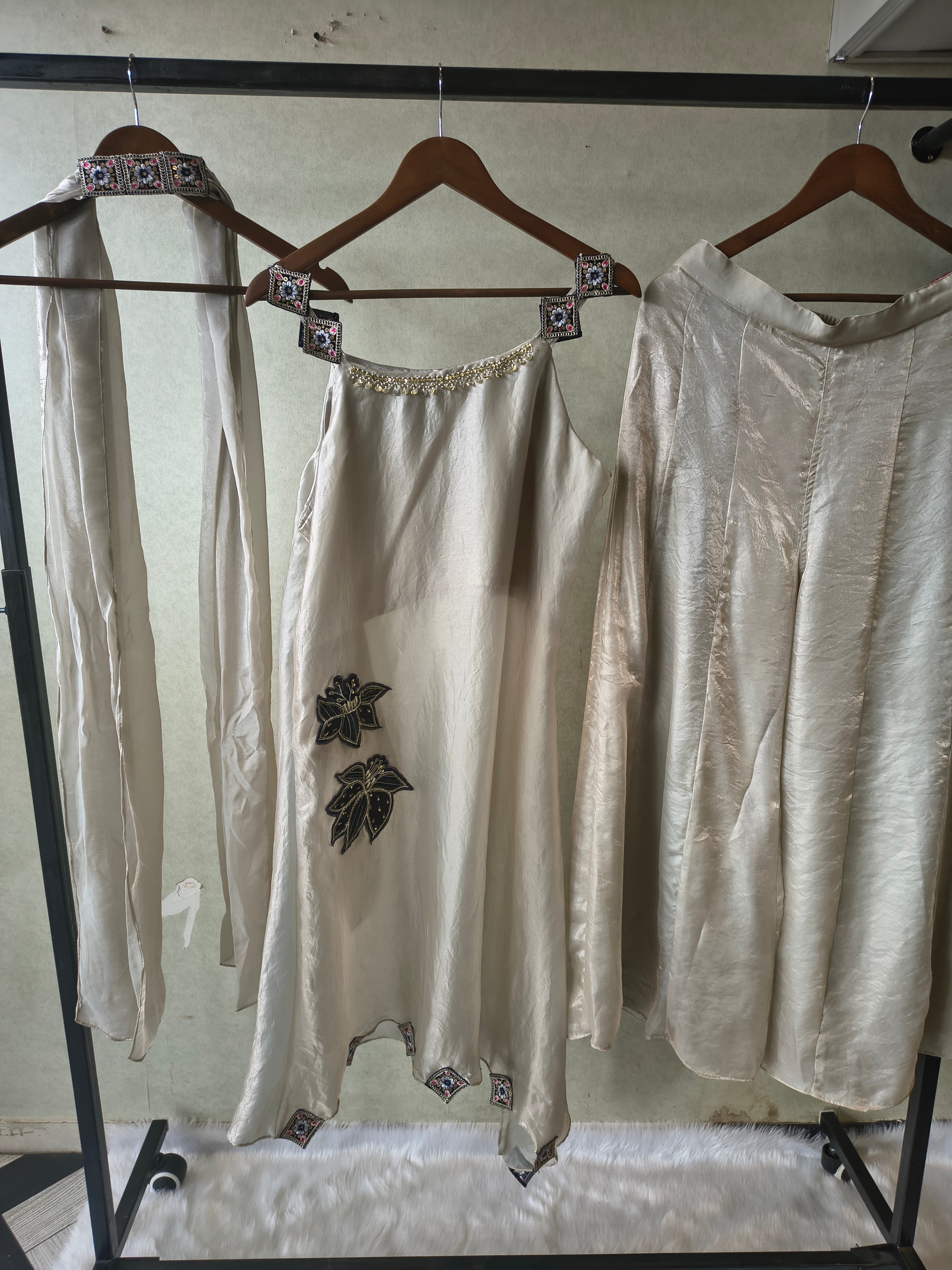 Image of Premium Ivory 3-Piece Designer Indo-Western Palazzo Set with Asymmetrical Embroidered Kurta & Statement Dupatta