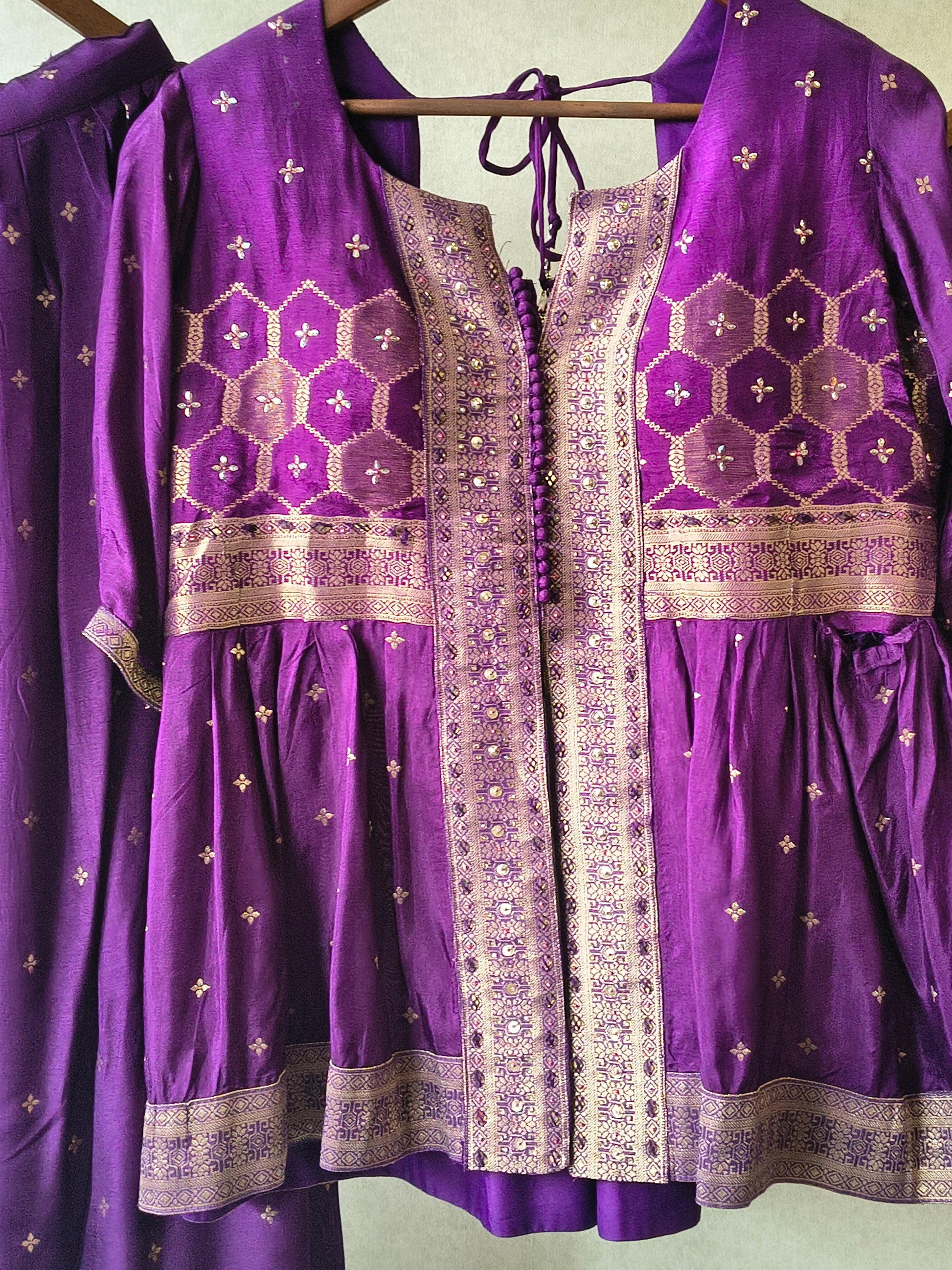 Royal Purple Tissue Silk Embroidered Peplum Jacket with Flared Palazzo & Designer Dupatta – 3 Piece Festive Indo-Western Set