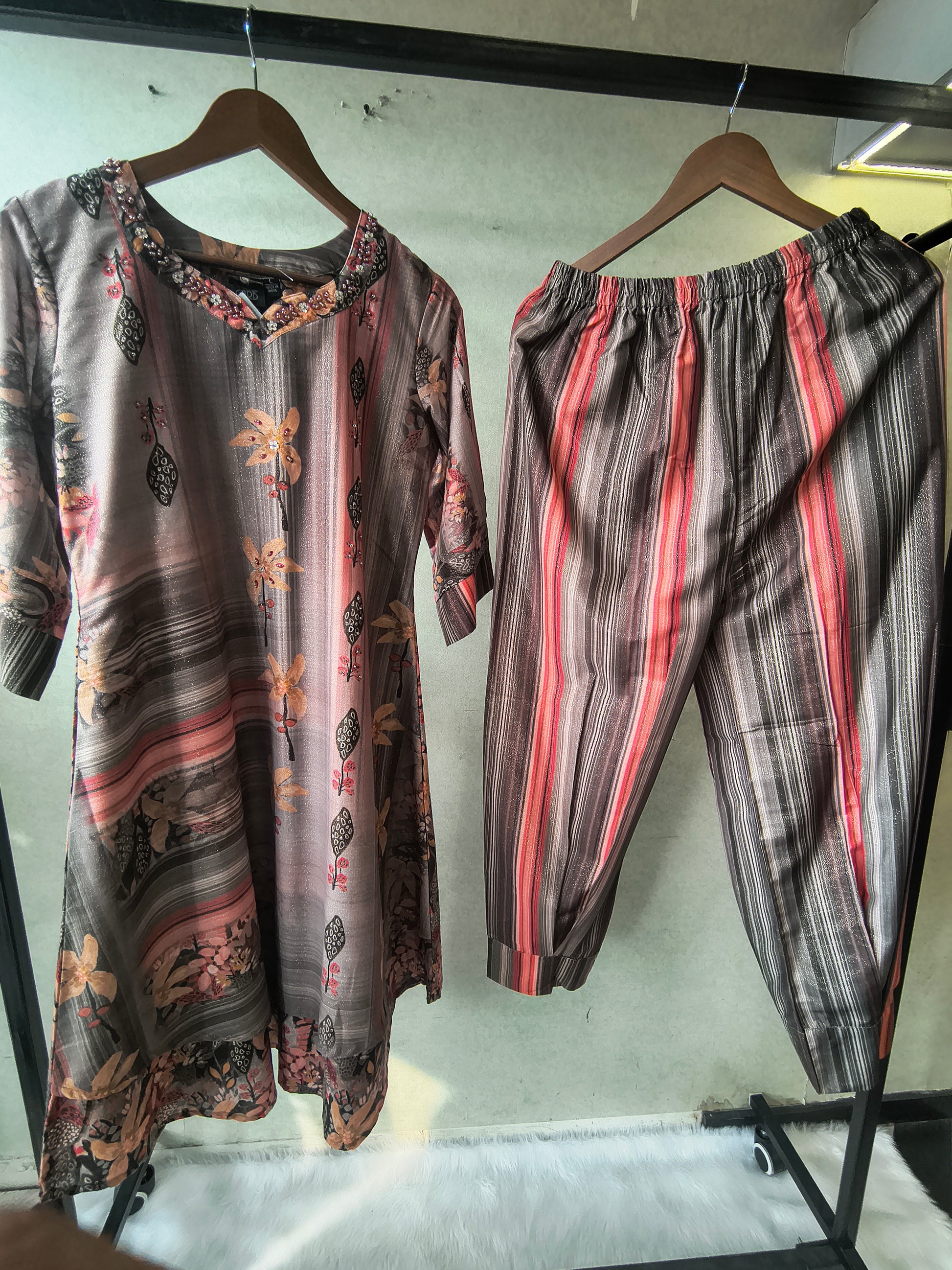 Premium Smoky Grey Artistic Printed Kurta with Striped Tapered Pants Co-Ord Set