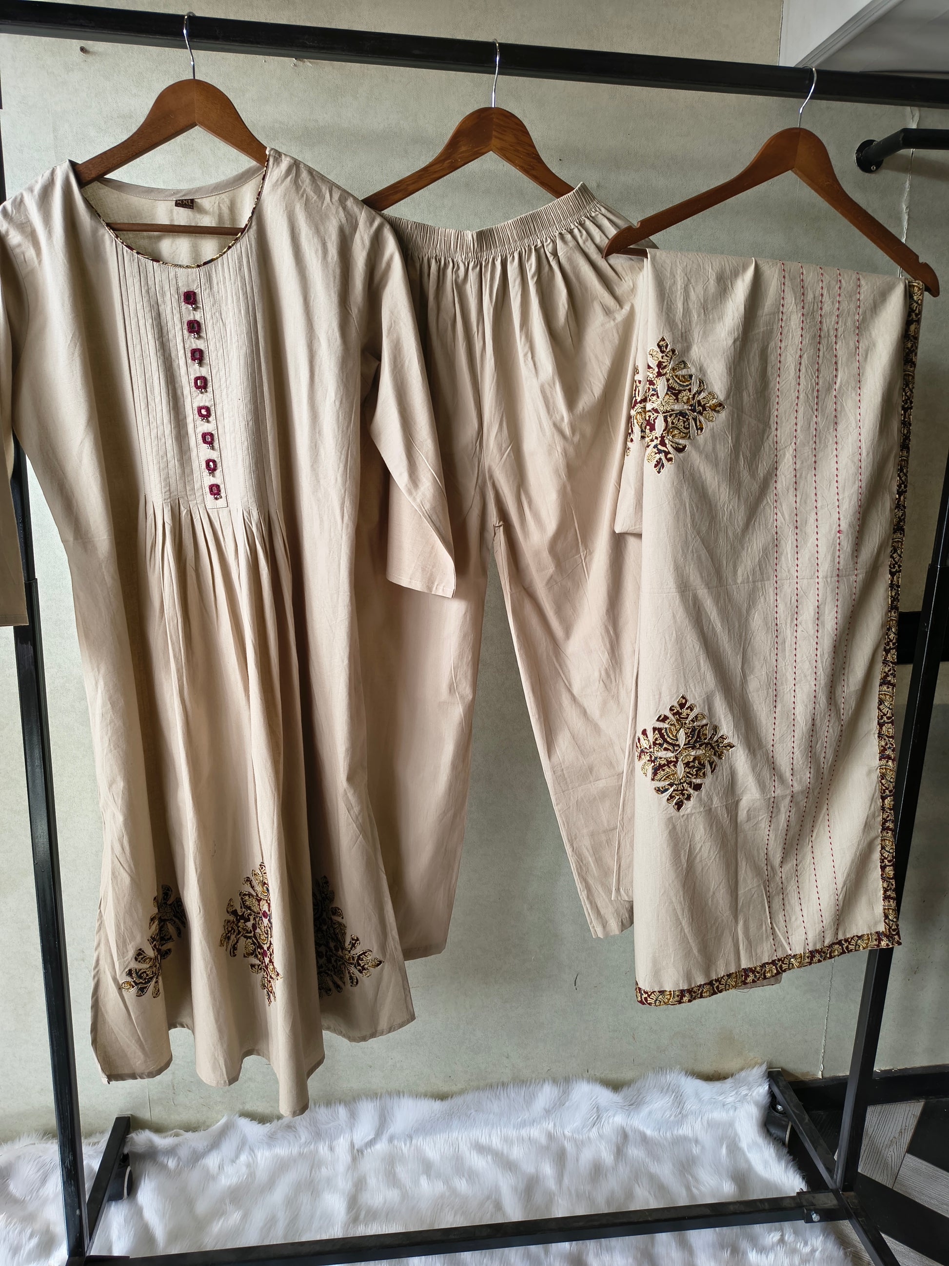 Beige Embroidered Three-Piece Kurta Set with Pintuck Detailing & Designer Dupatta