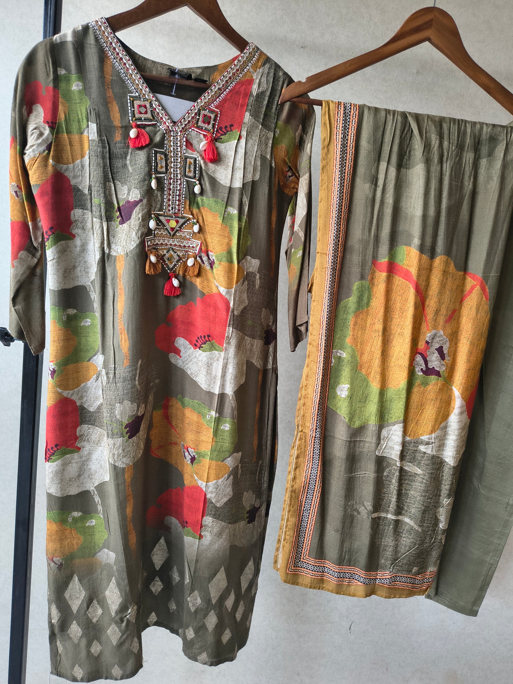 Premium Olive Green Floral Printed Kurta Set with Embellished Neckline, Solid Pants & Printed Dupatta