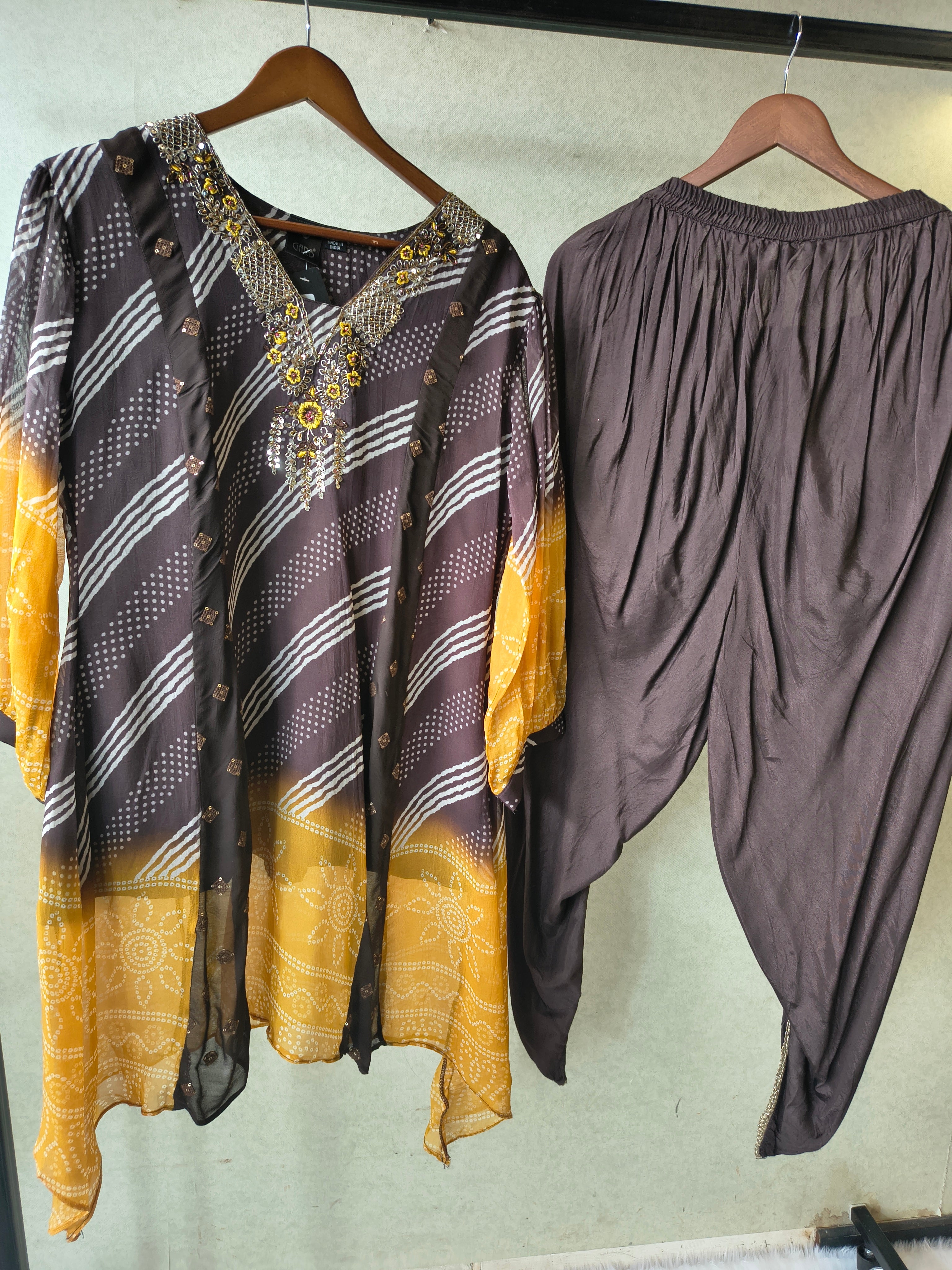 Image of Premium Charcoal & Mustard Bandhani Print Kaftan Kurta with Dhoti Pants Set