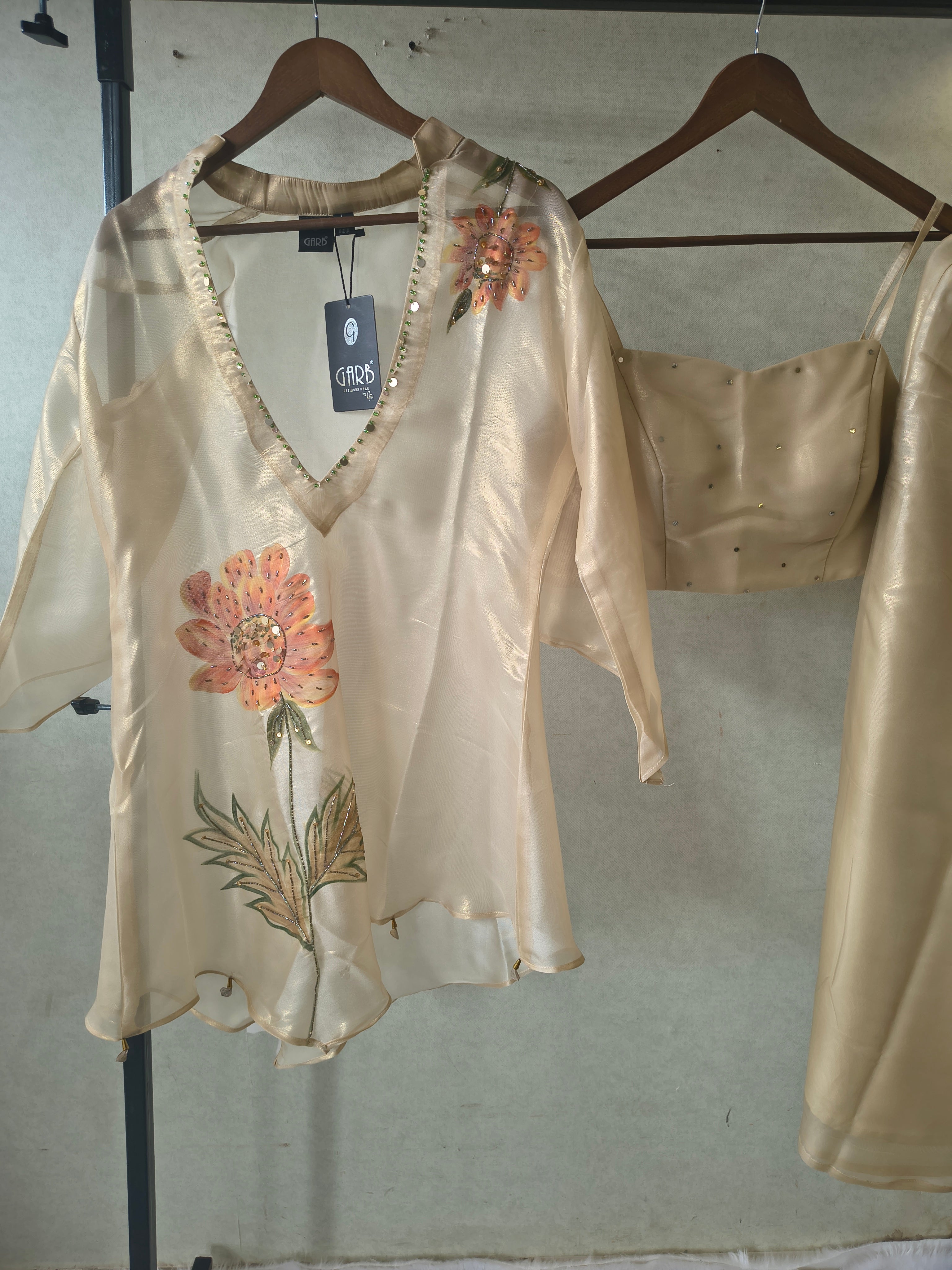 Image of Champagne Gold Floral Hand-Painted Kaftan Co-ord Set with Embellished Blouse & Satin Palazzo