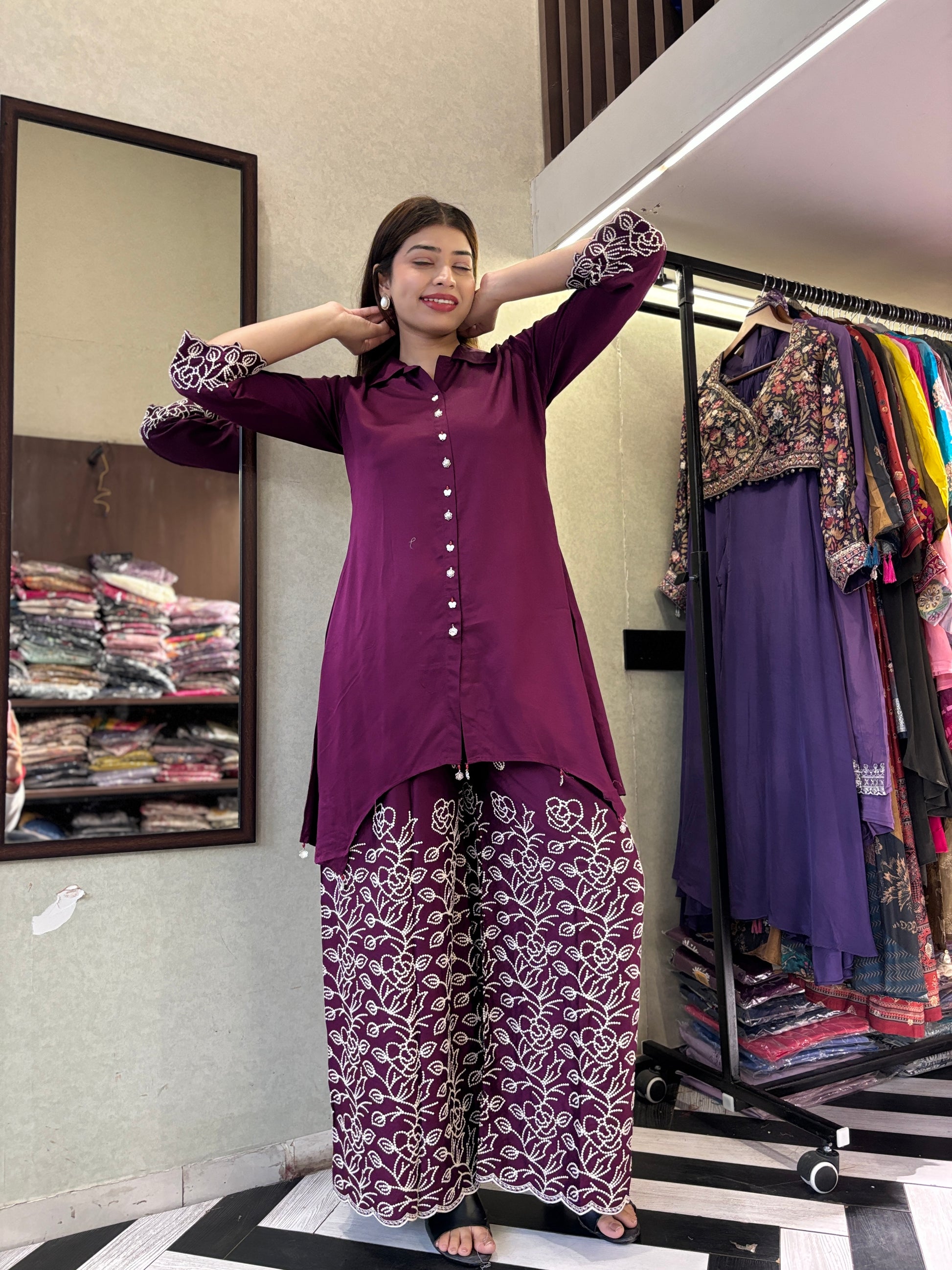 Pure Gaji Silk with Crepe Fabric Coord Set ( Thread Work )