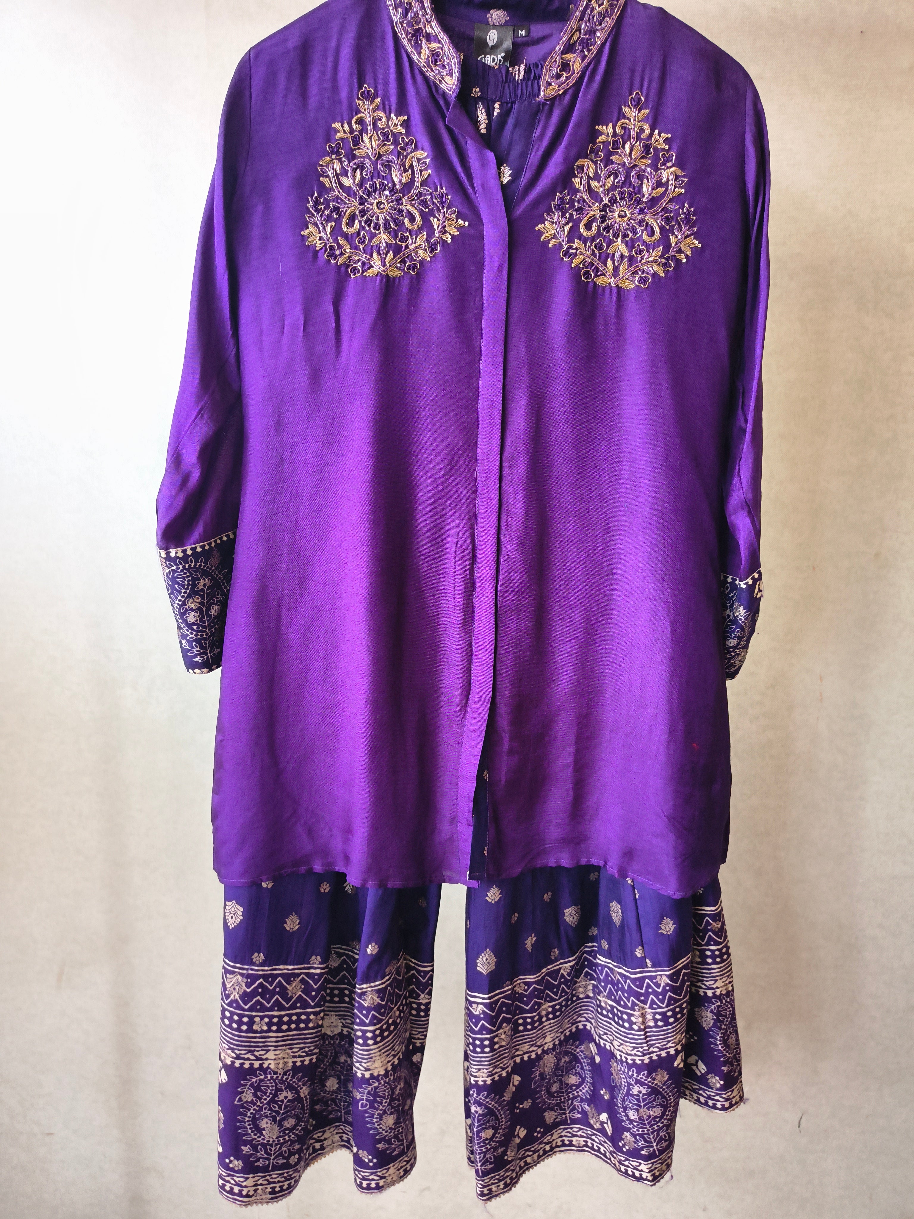 Image of Royal Purple Designer Embroidered Co-Ord Set with Printed Palazzo