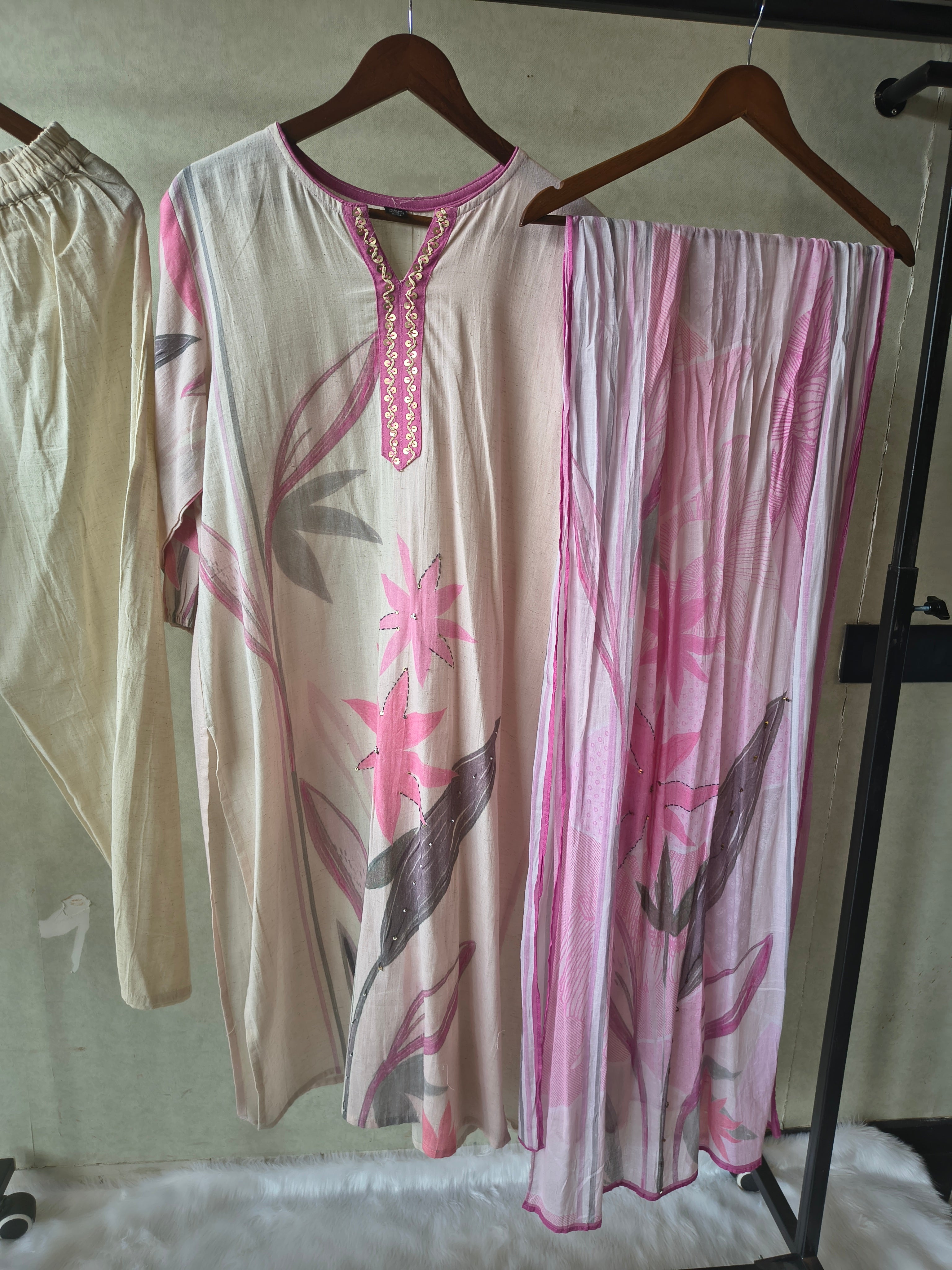 Image of Premium Blush Pink Floral Printed Straight Kurta Set with Churidar Pants & Soft Printed Dupatta