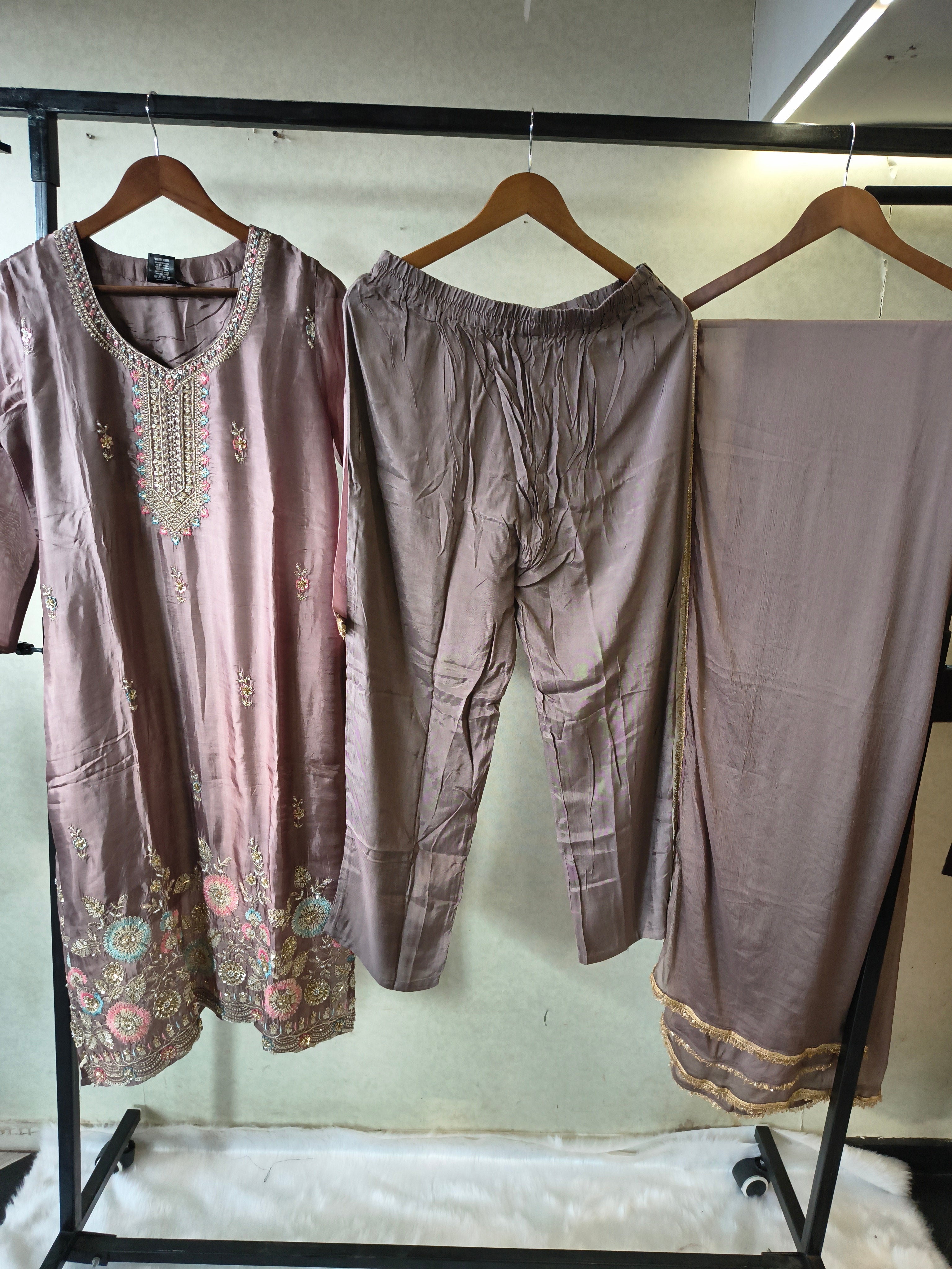 Image of Taupe Grey Embroidered Straight Kurta Set with Pastel Floral Hem, Handcrafted Yoke & Lace Border Dupatta – Premium 3 Piece Ethnic Ensemble