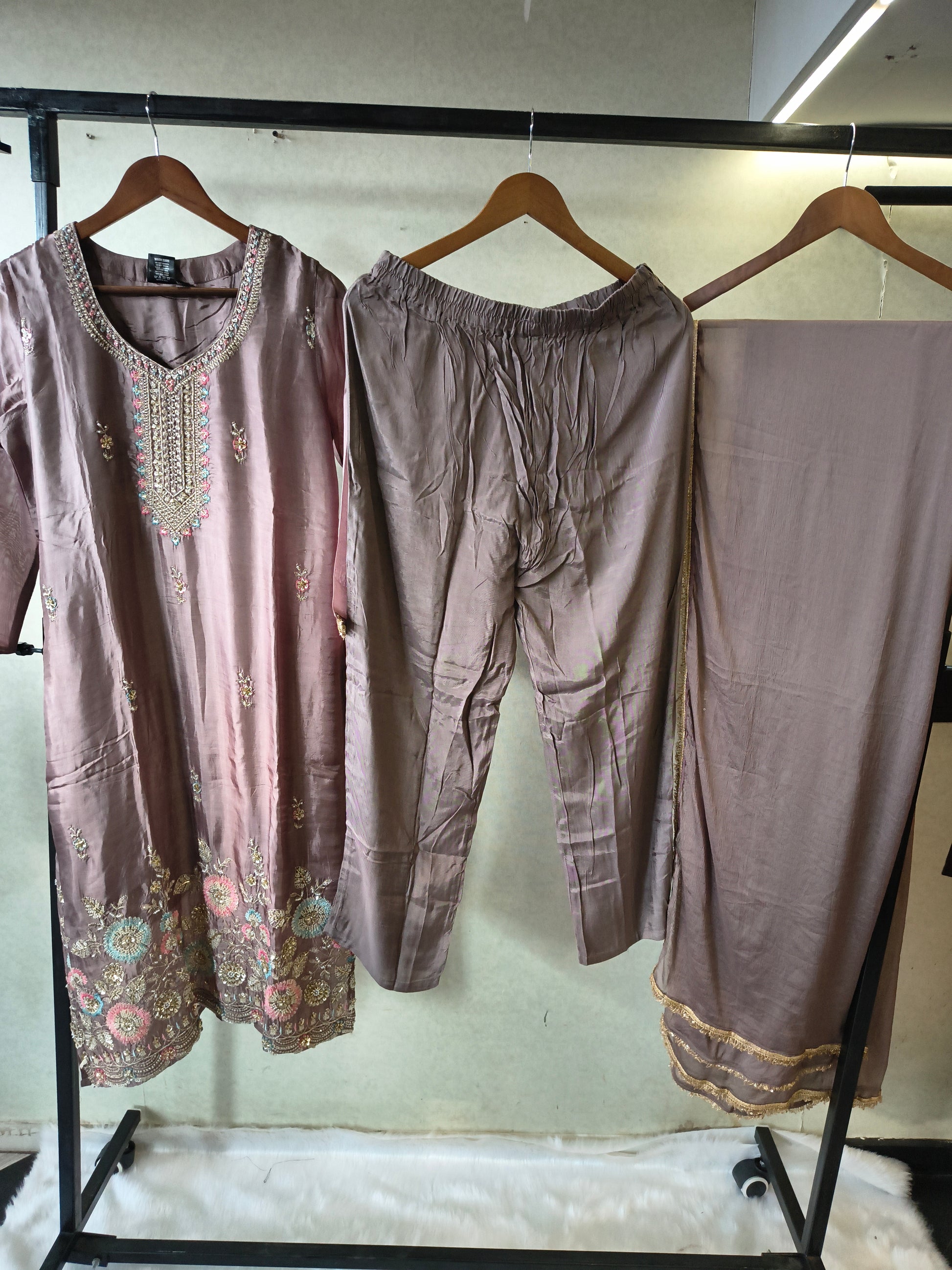 Taupe Grey Embroidered Straight Kurta Set with Pastel Floral Hem, Handcrafted Yoke & Lace Border Dupatta – Premium 3 Piece Ethnic Ensemble