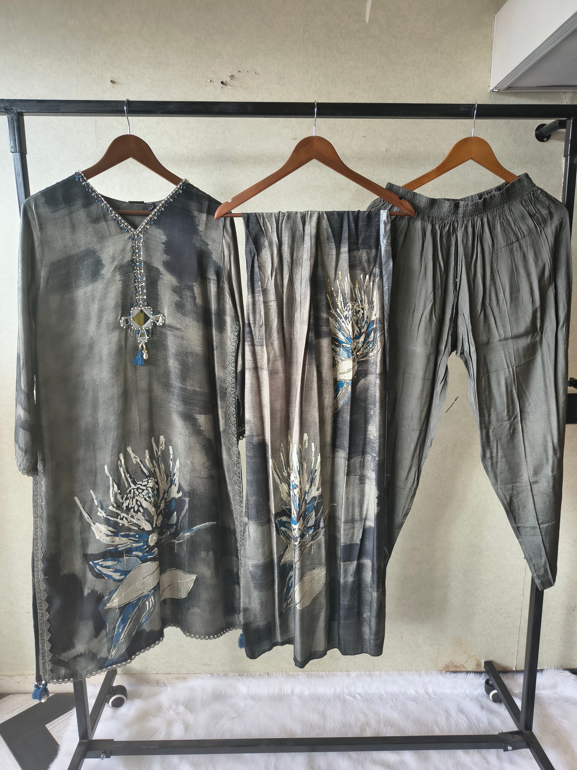 Premium Charcoal Grey Abstract Floral Printed Straight Kurta Set with Designer Neckline, Straight Pants & Printed Dupatta