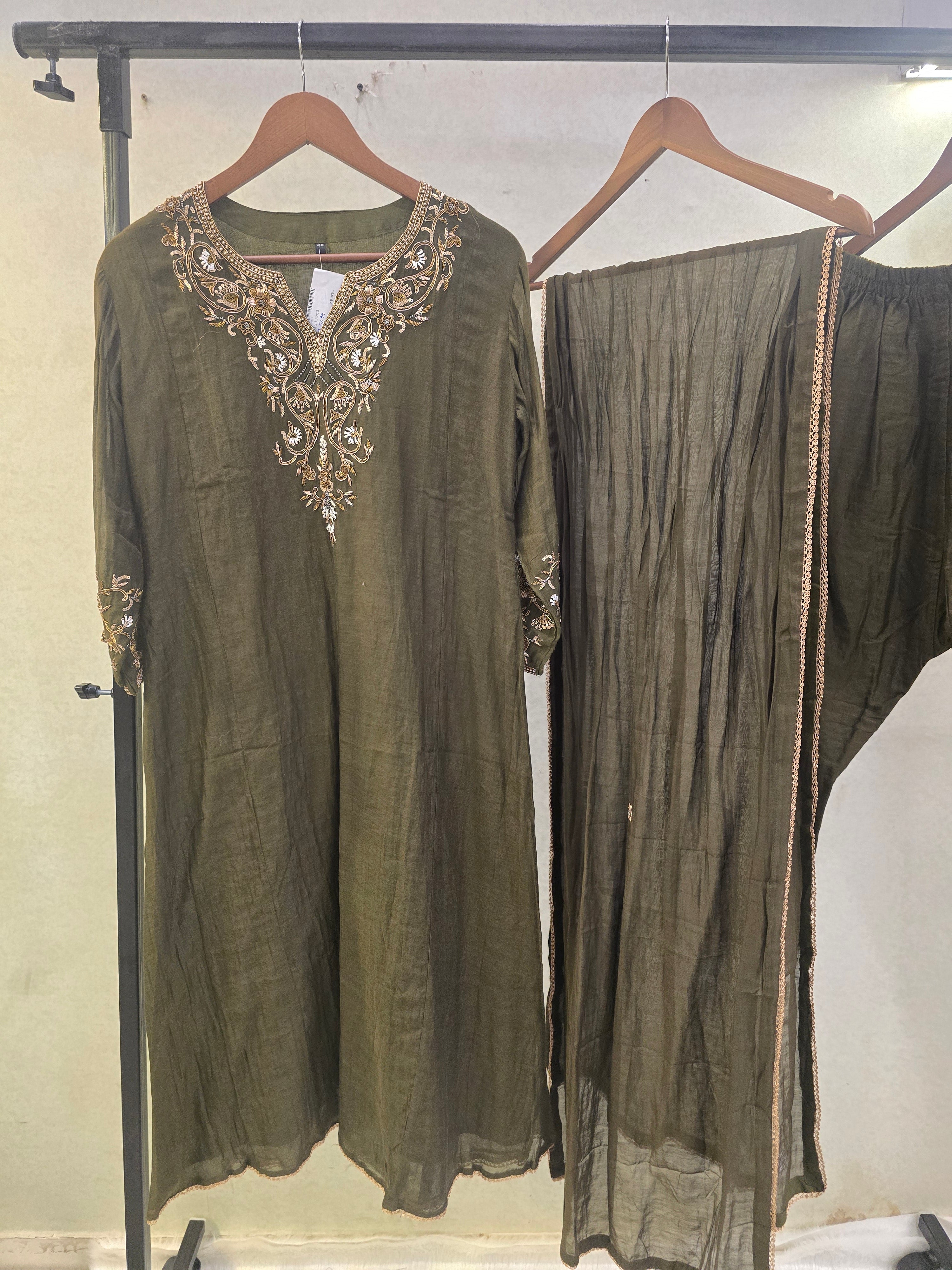 Image of Olive Green Designer Embroidered Kurta Set with Chiffon Dupatta | Premium 3 Piece Ethnic Suit