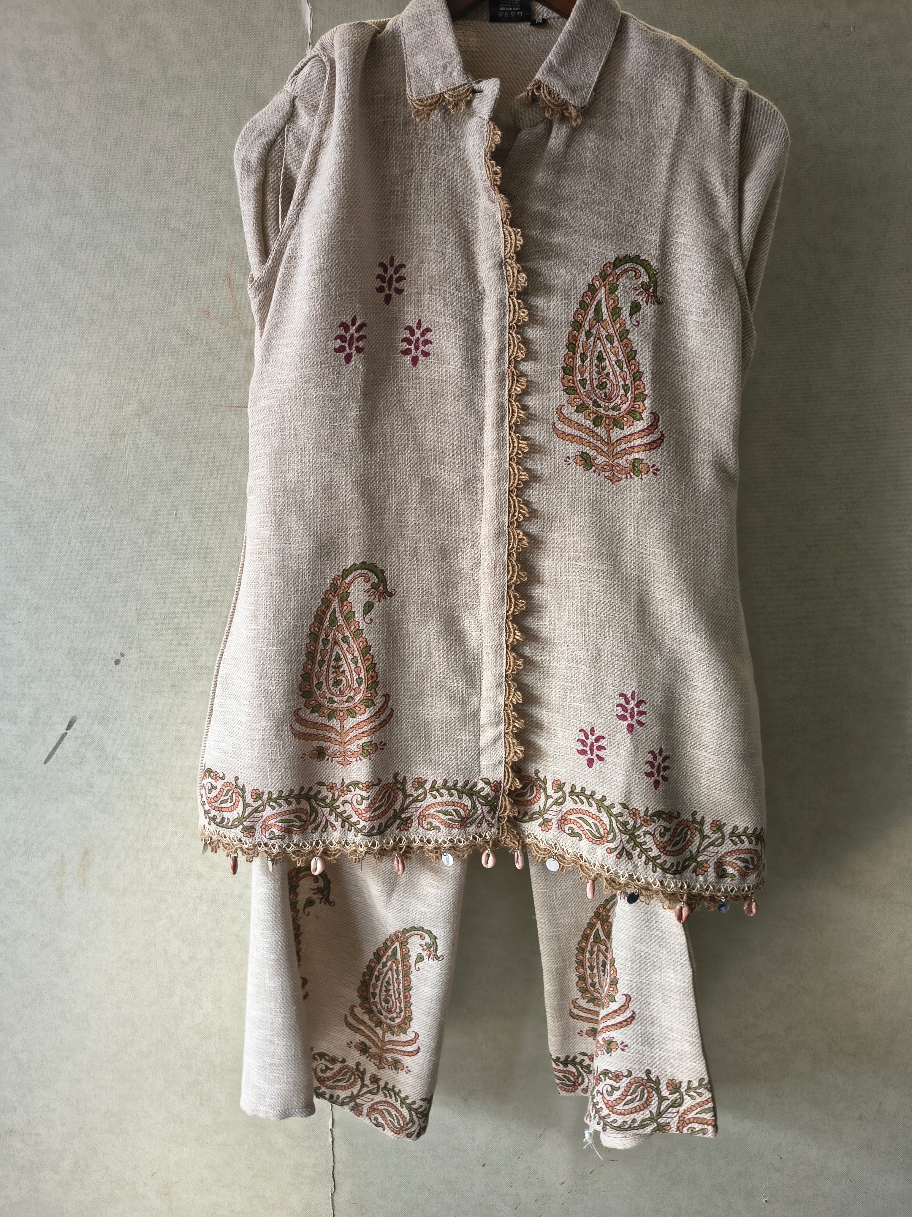 Image of Natural Beige Paisley Printed Sleeveless Designer Co-Ord Set