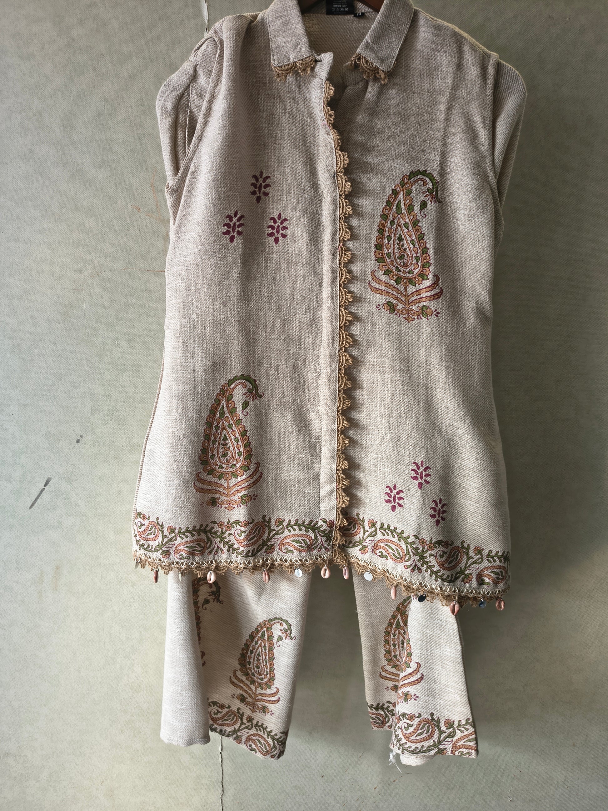 Natural Beige Paisley Printed Sleeveless Designer Co-Ord Set