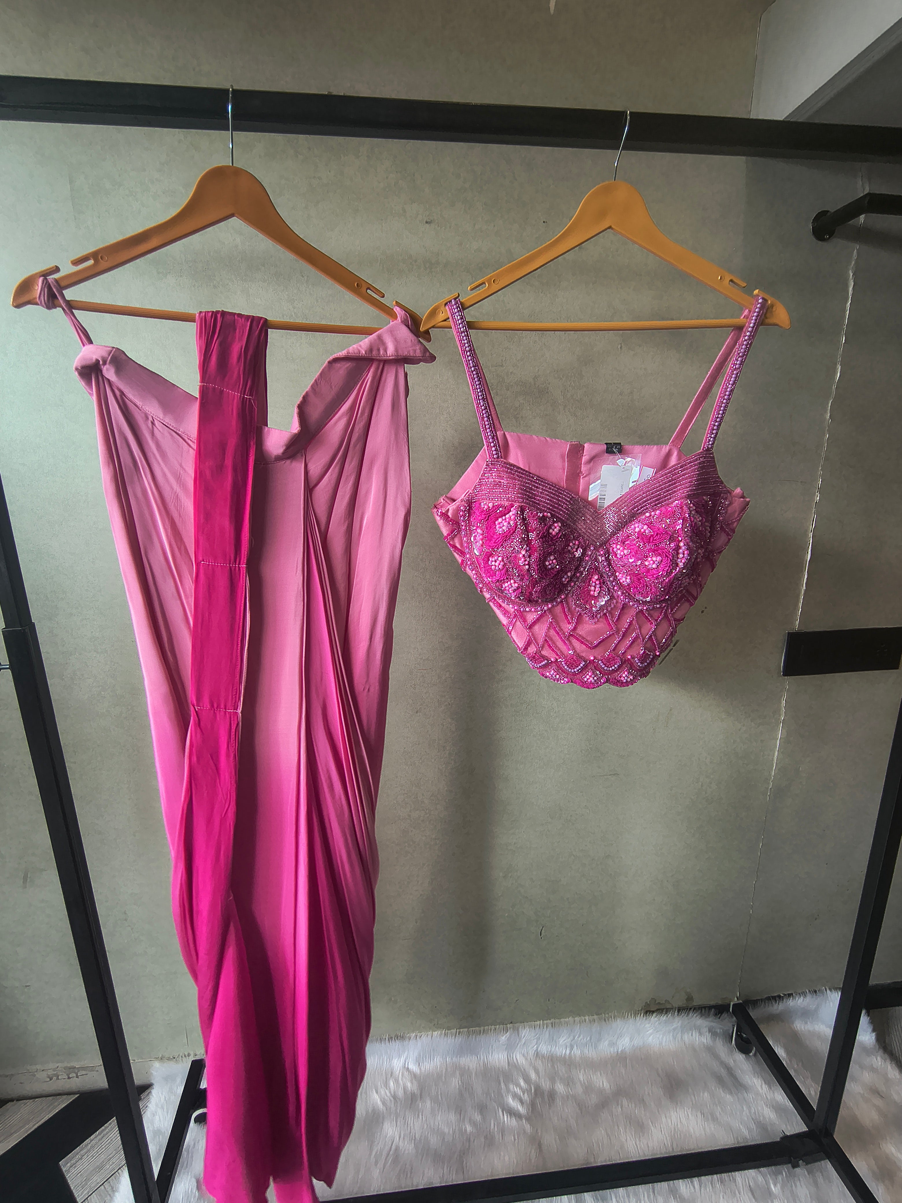 Image of Premium Ombre Pink Satin Saree with Hand Embroidered Designer Blouse