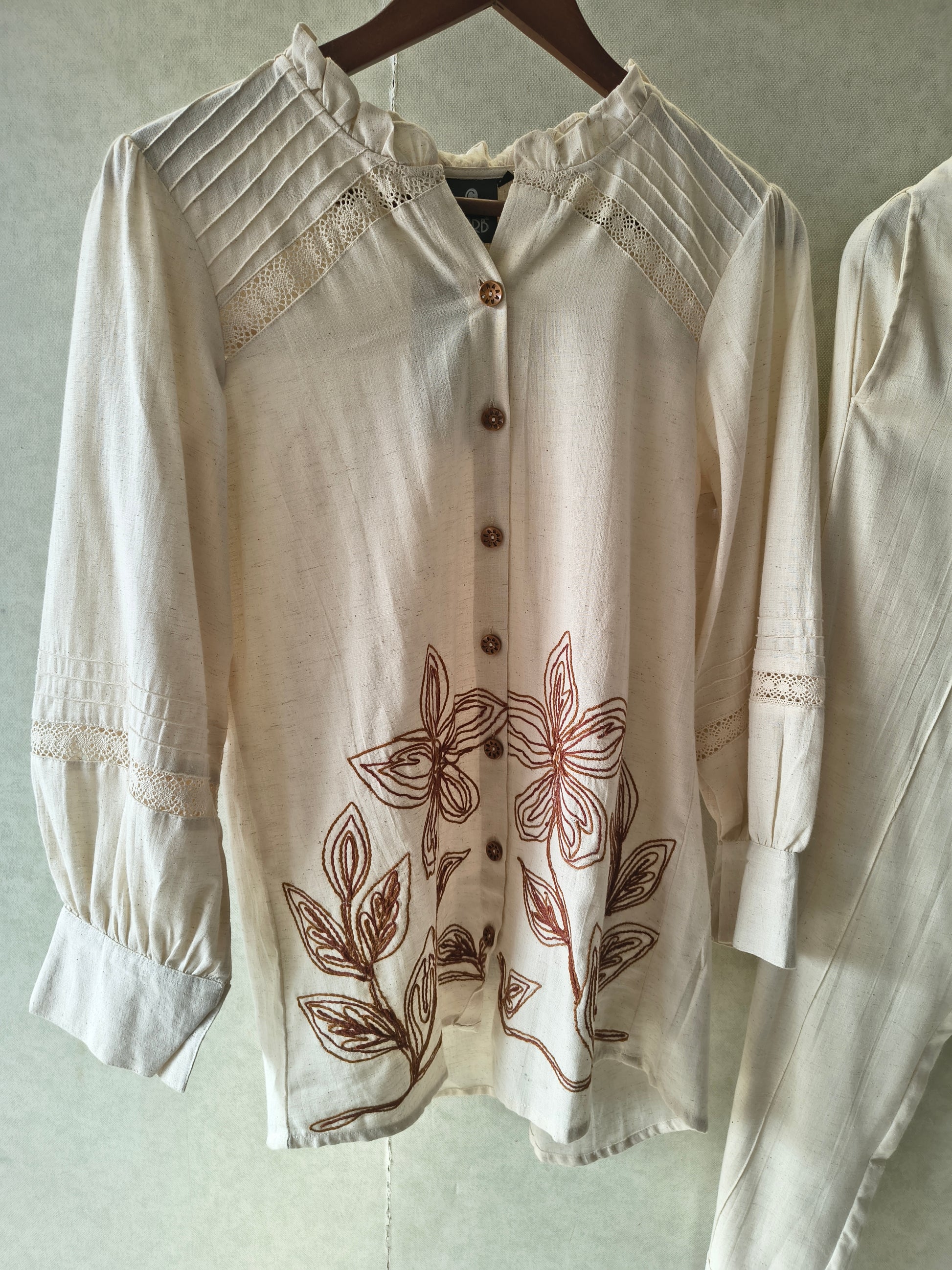 Ivory Botanical Embroidered Pintuck Designer Co-Ord Set