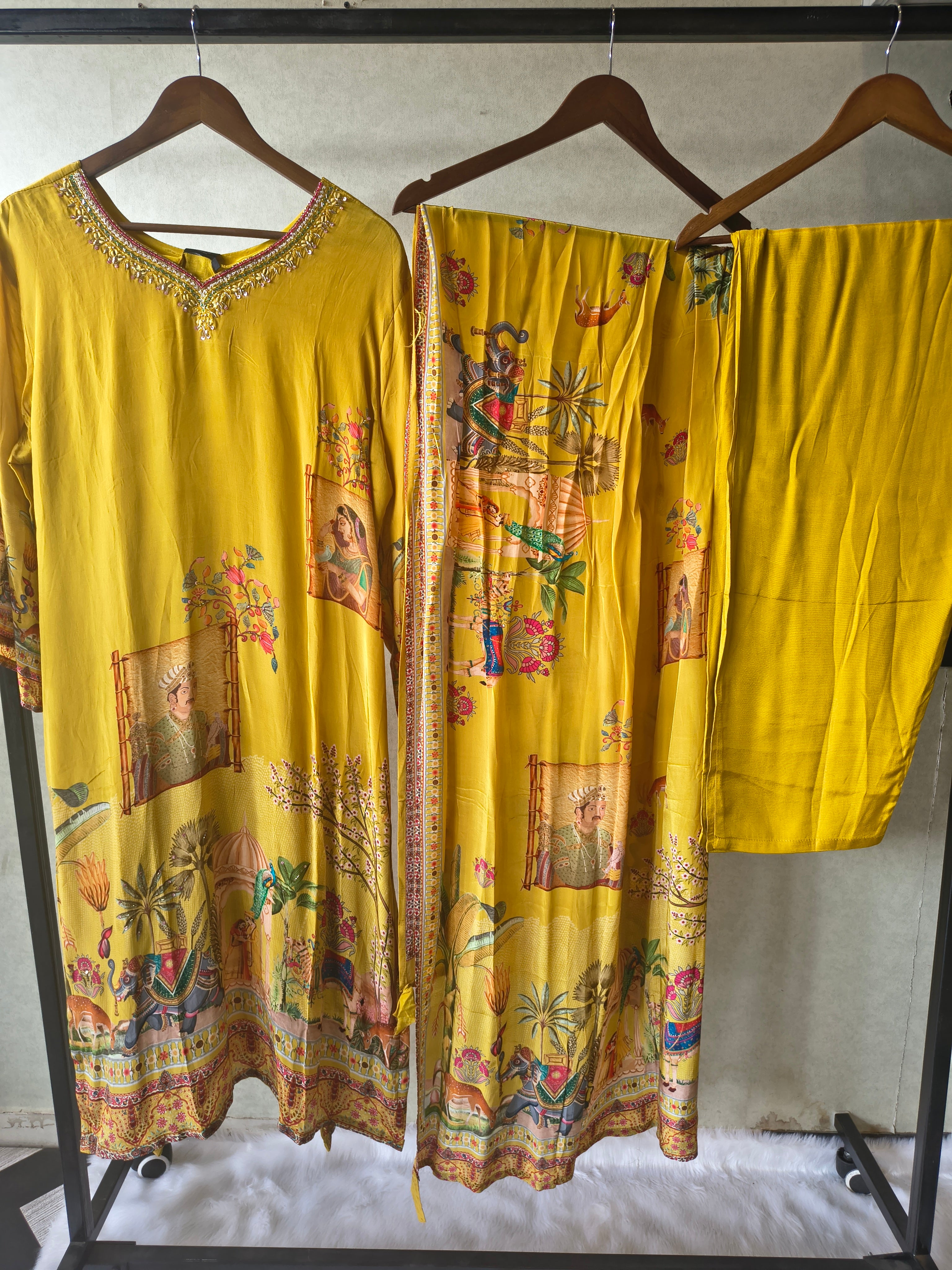 Image of Premium Mustard Yellow Heritage Print Straight Kurta Set with Scenic Dupatta & Straight Pants