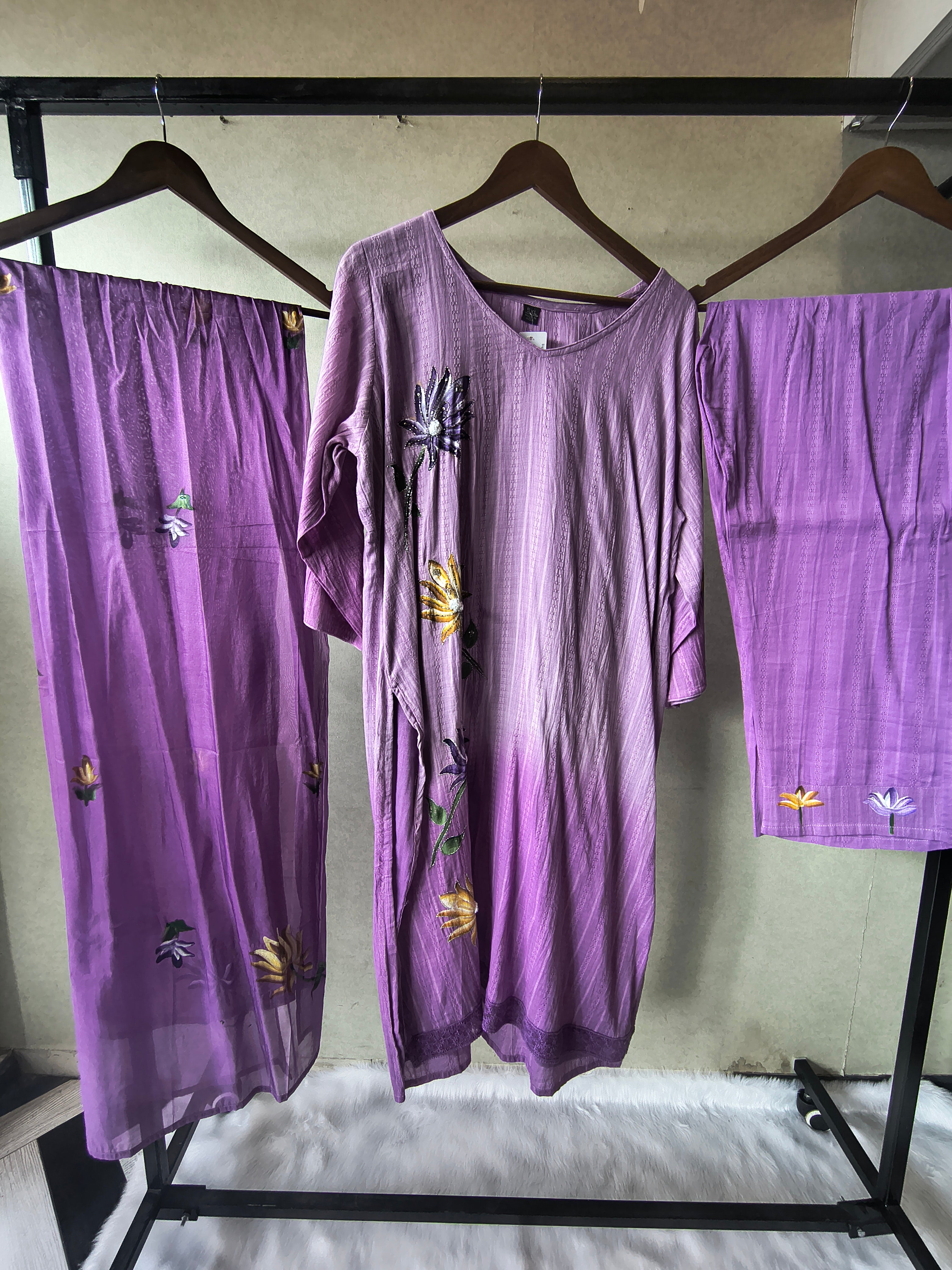 Image of Premium Lavender Embroidered Straight Kurta Set with Floral Dupatta & Straight Pants