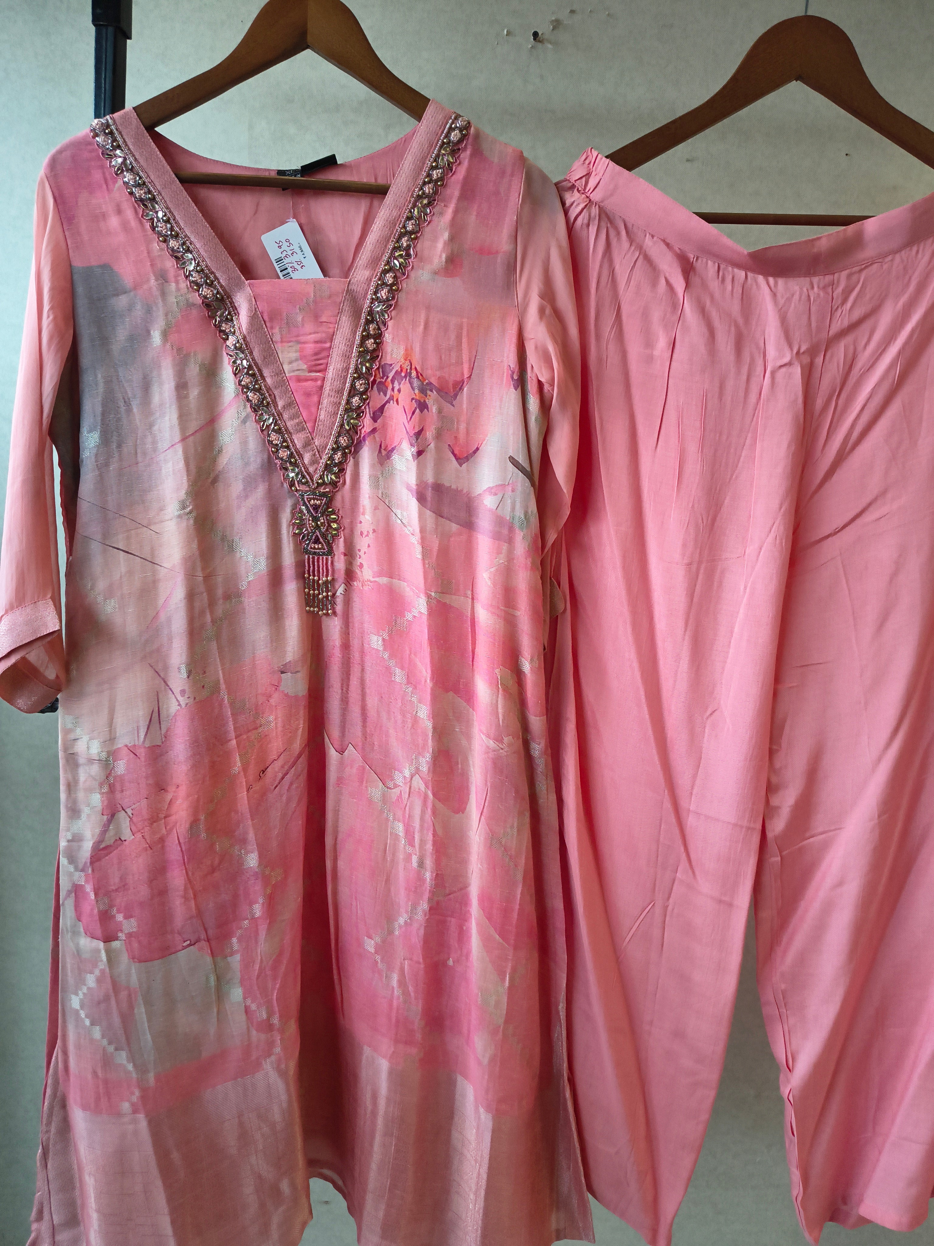 Image of Blush Pink Floral Printed Kurta Set with Embellished Neckline | Premium 3 Piece Ethnic Suit