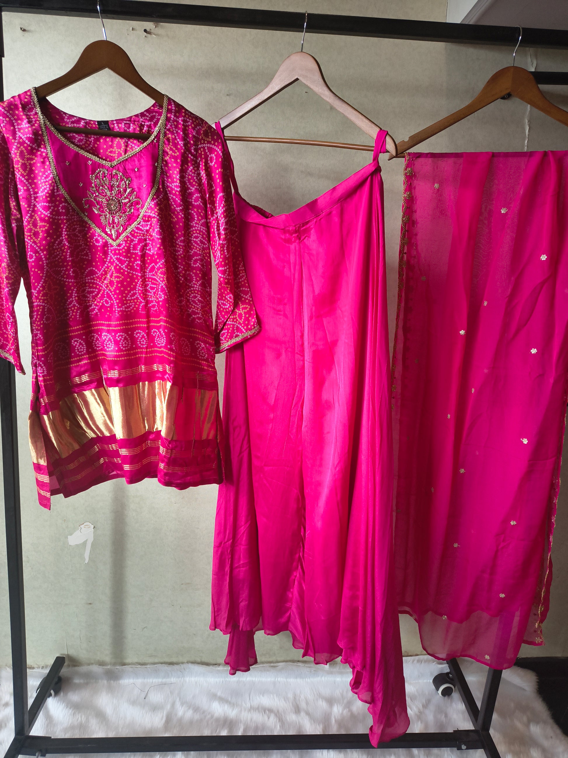 Rani Pink Bandhani Sharara Set with Zari Border & Embroidered Dupatta – Premium 3 Piece Festive Ensemble