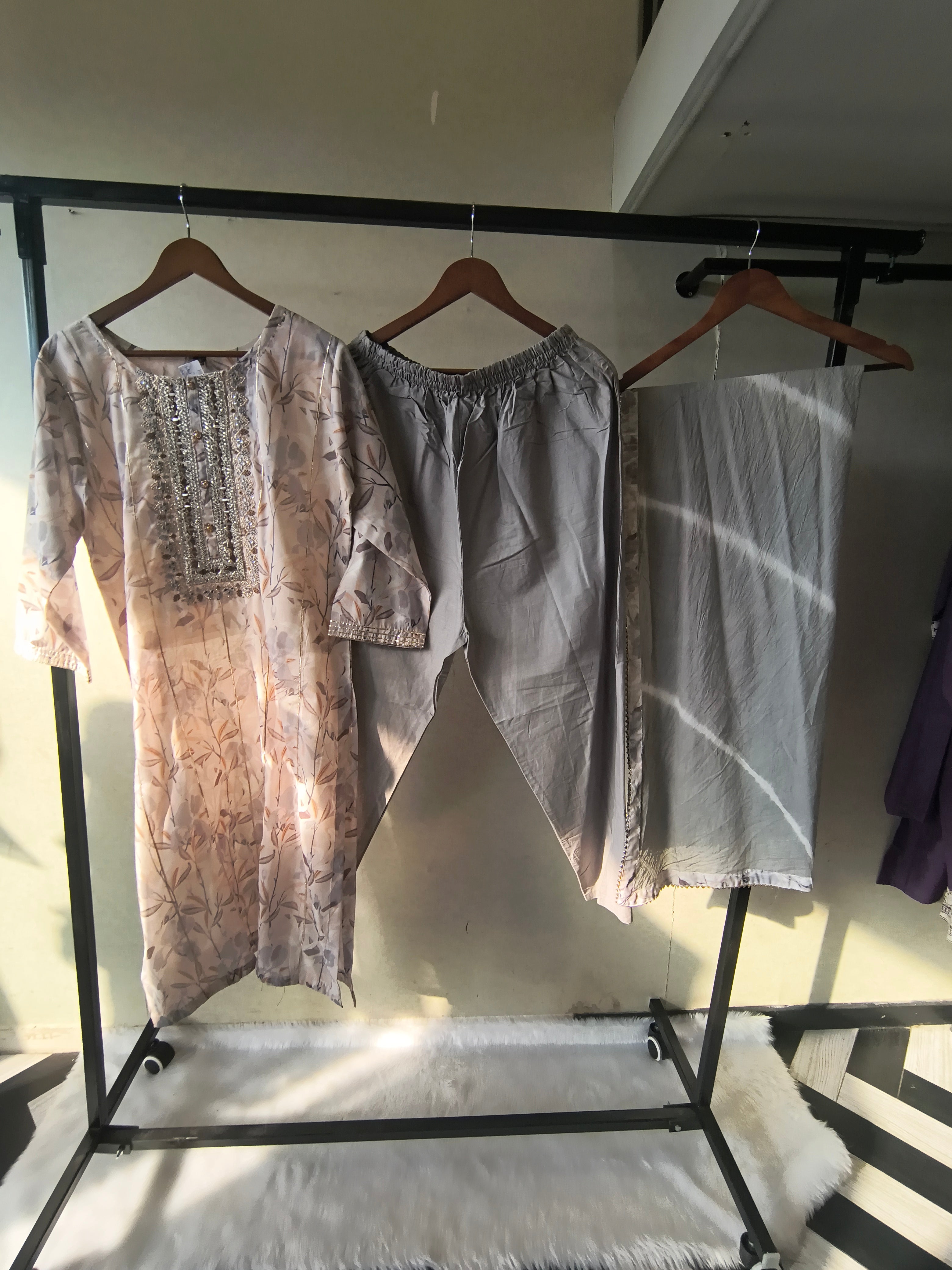 Image of Premium Pastel Floral Printed Kurta Set with Embellished Yoke & Chiffon Dupatta