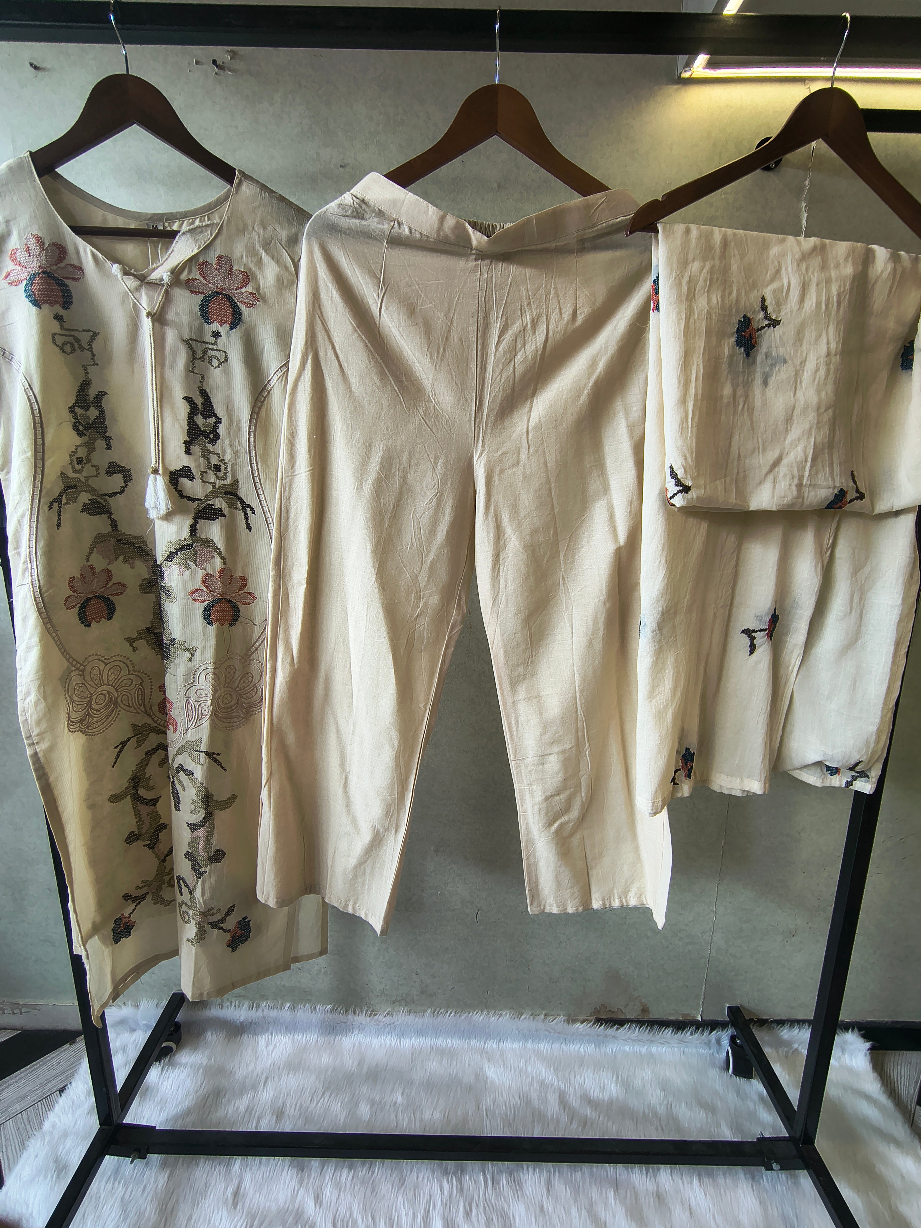 Image of Ivory Cotton 3-Piece Suit Set with Floral Vine Embroidery & Embroidered Dupatta