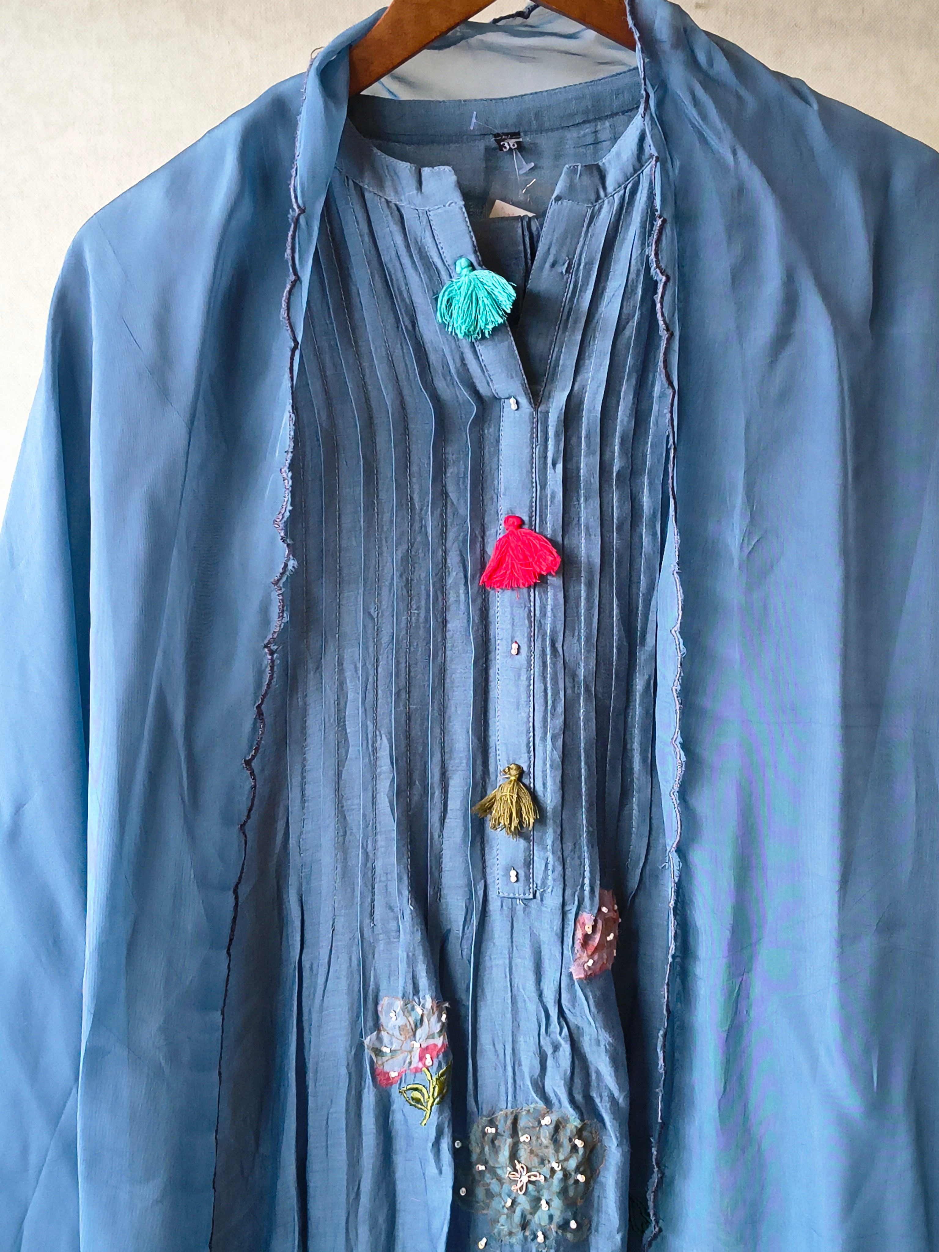 Image of Premium Steel Blue Embroidered Straight Kurta with Dhoti Pants & Embroidered Organza Dupatta Set