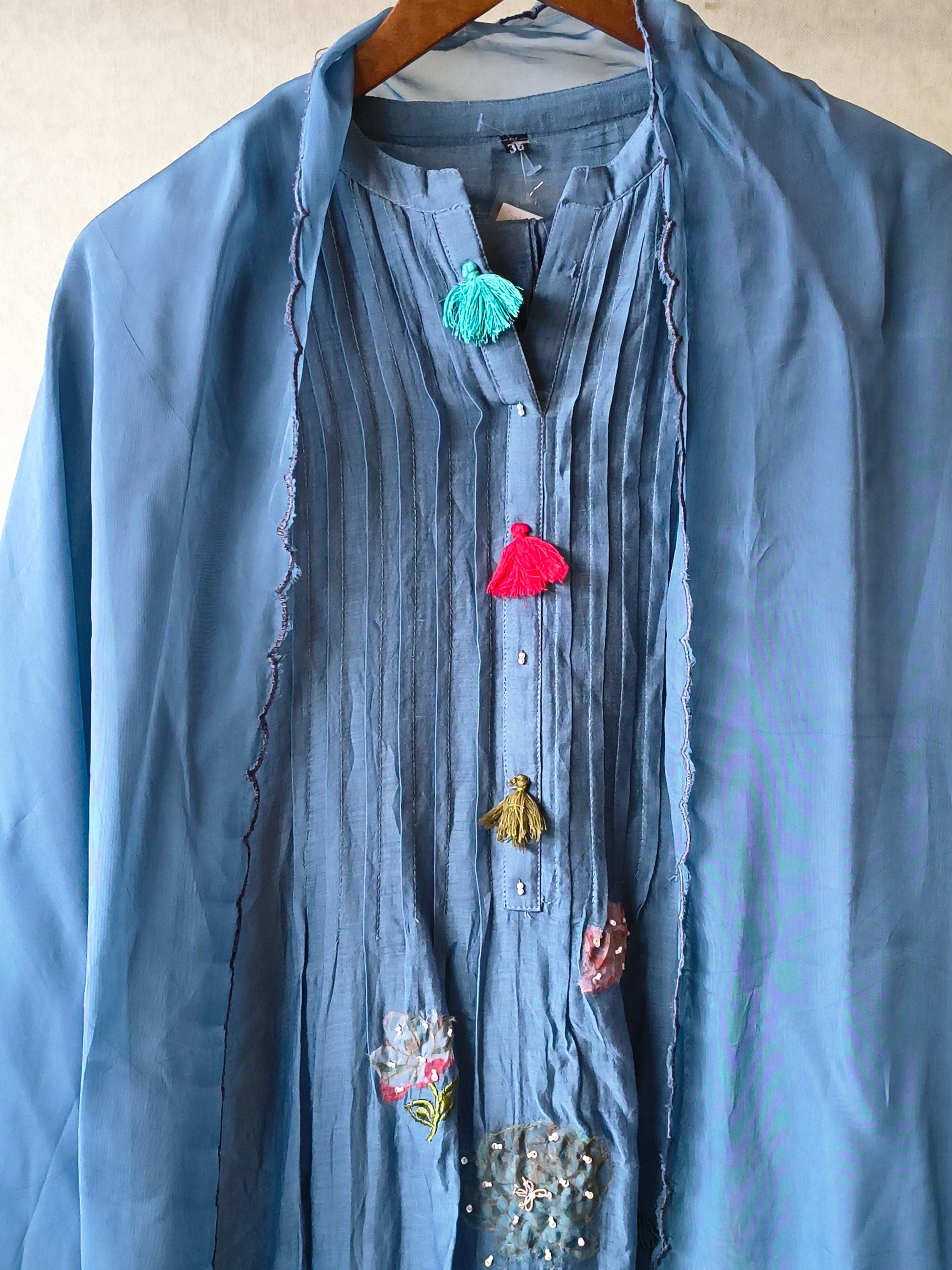 Premium Steel Blue Embroidered Straight Kurta with Dhoti Pants & Embroidered Organza Dupatta Set
